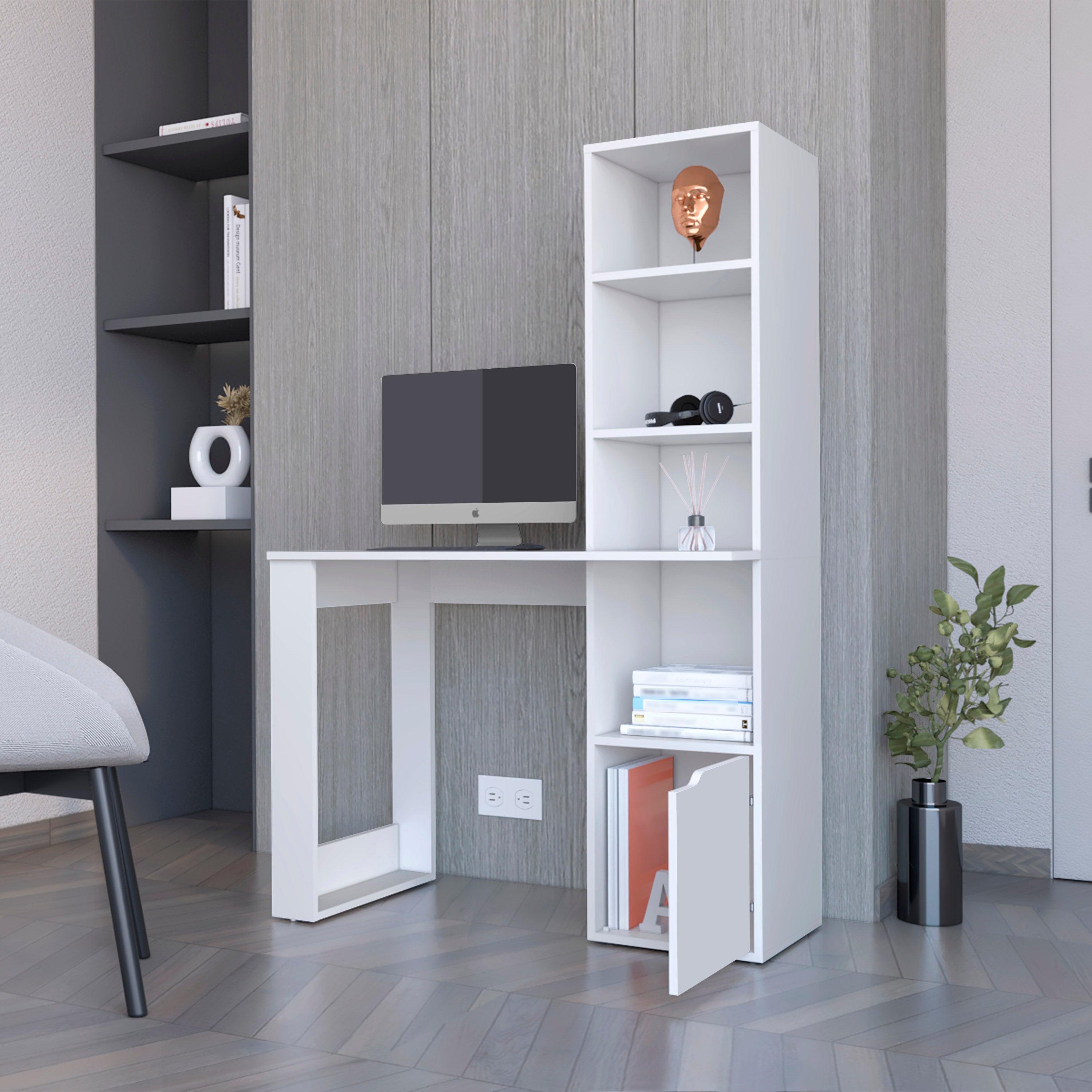 White Computer Desk with 4-Tier Bookcase and 1-Door Cabinet