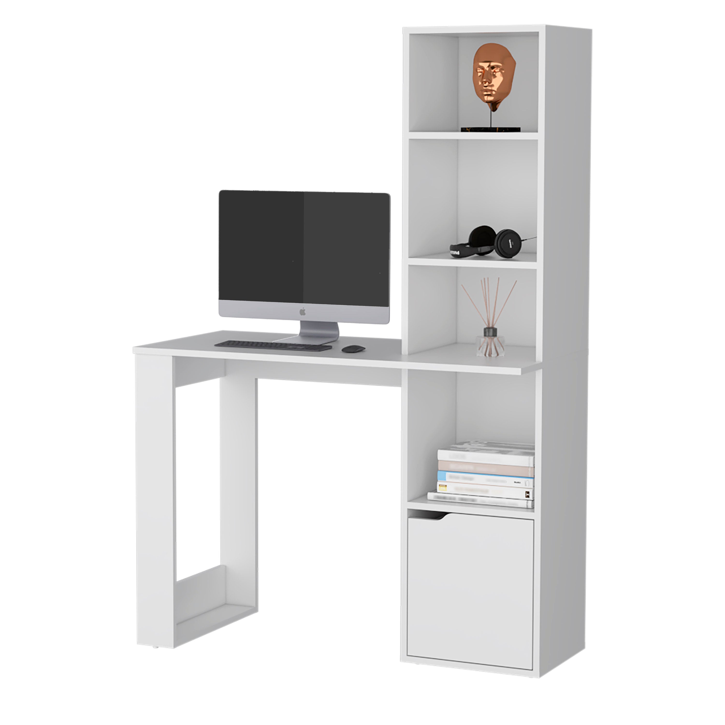 White Computer Desk with 4-Tier Bookcase and 1-Door Cabinet