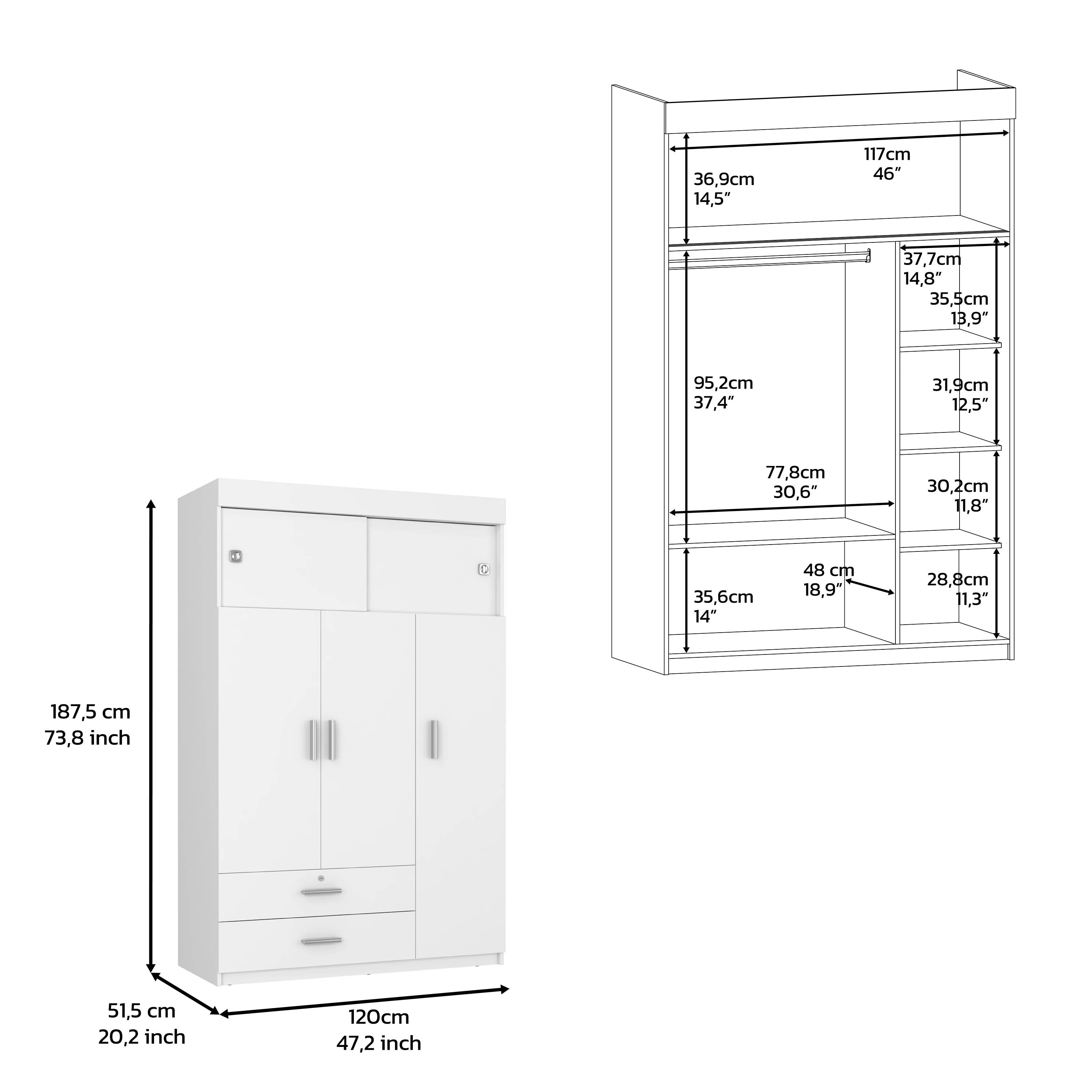 Cozad 2-Piece Bedroom Set, Armoire + Dresser, White and Light Oak