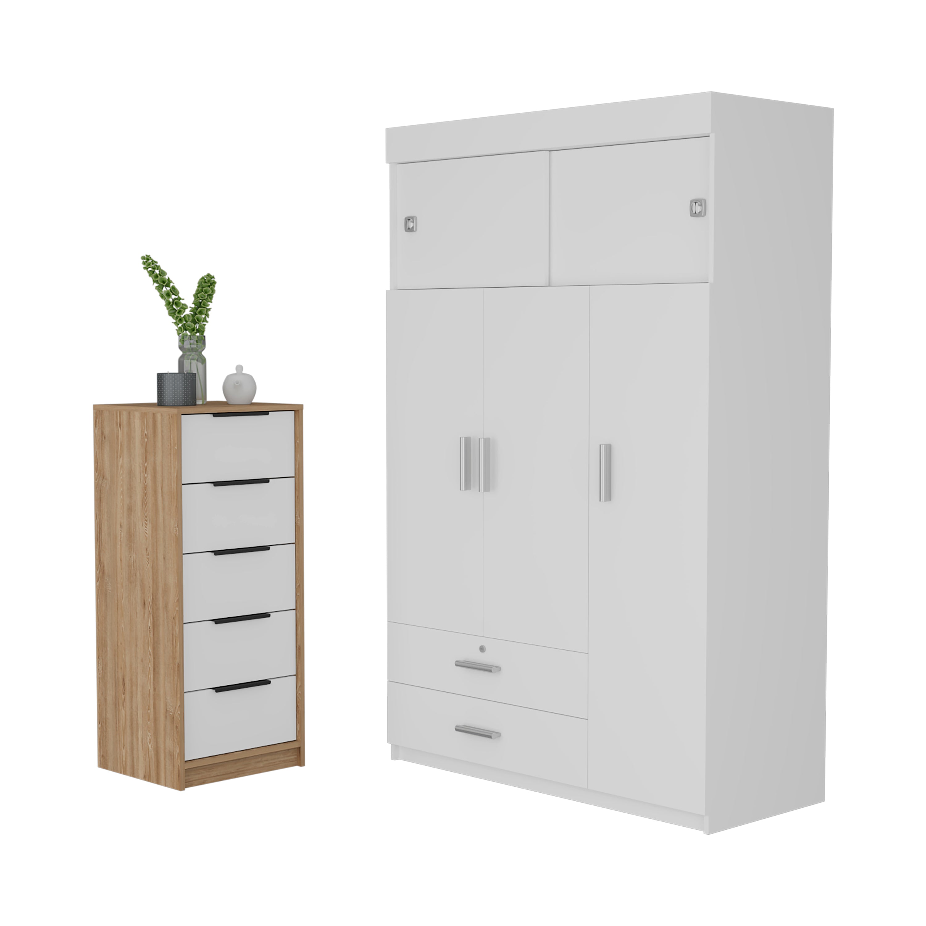 Cozad 2-Piece Bedroom Set, Armoire + Dresser, White and Light Oak