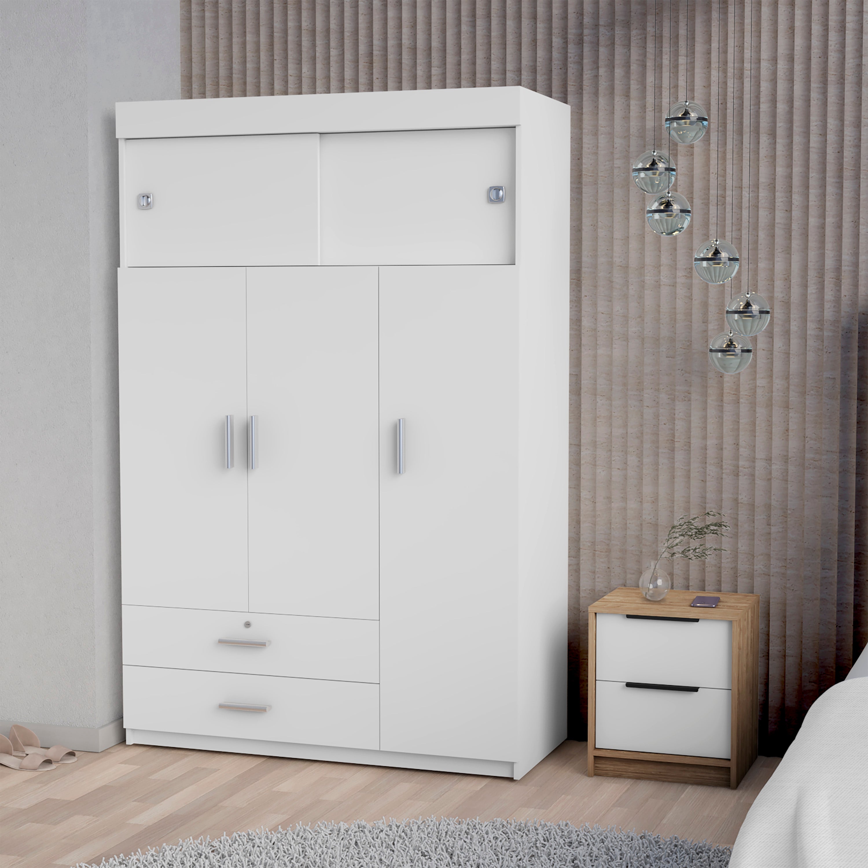 Elirya 2-Piece Bedroom Set, Armoire + Nightstand, White and Light Oak