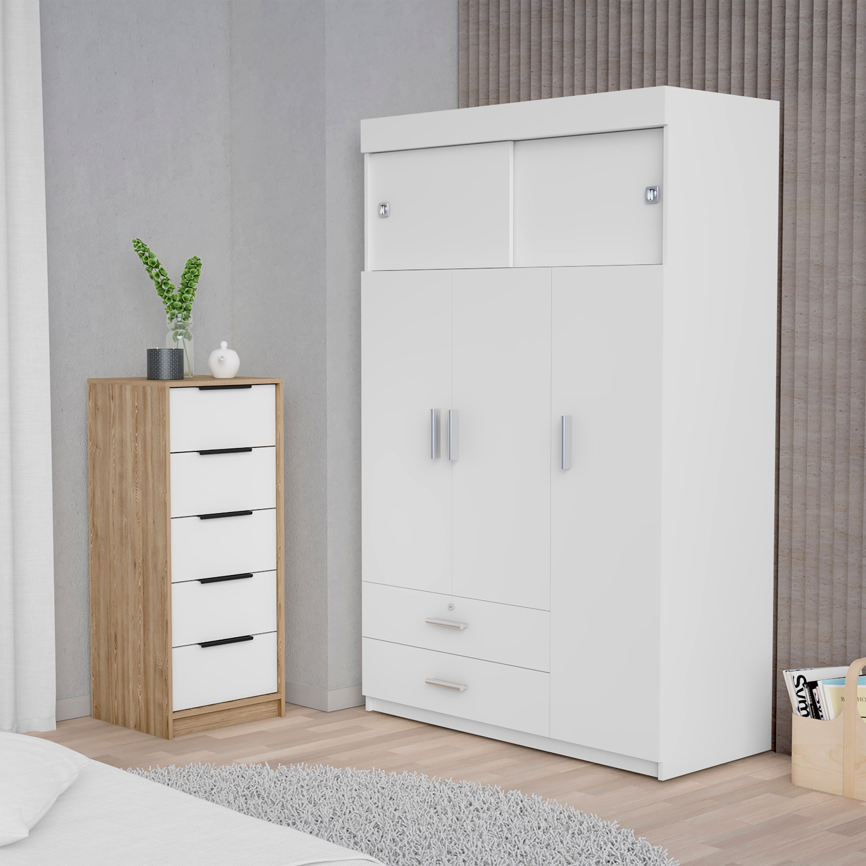 Cozad 2-Piece Bedroom Set, Armoire + Dresser, White and Light Oak