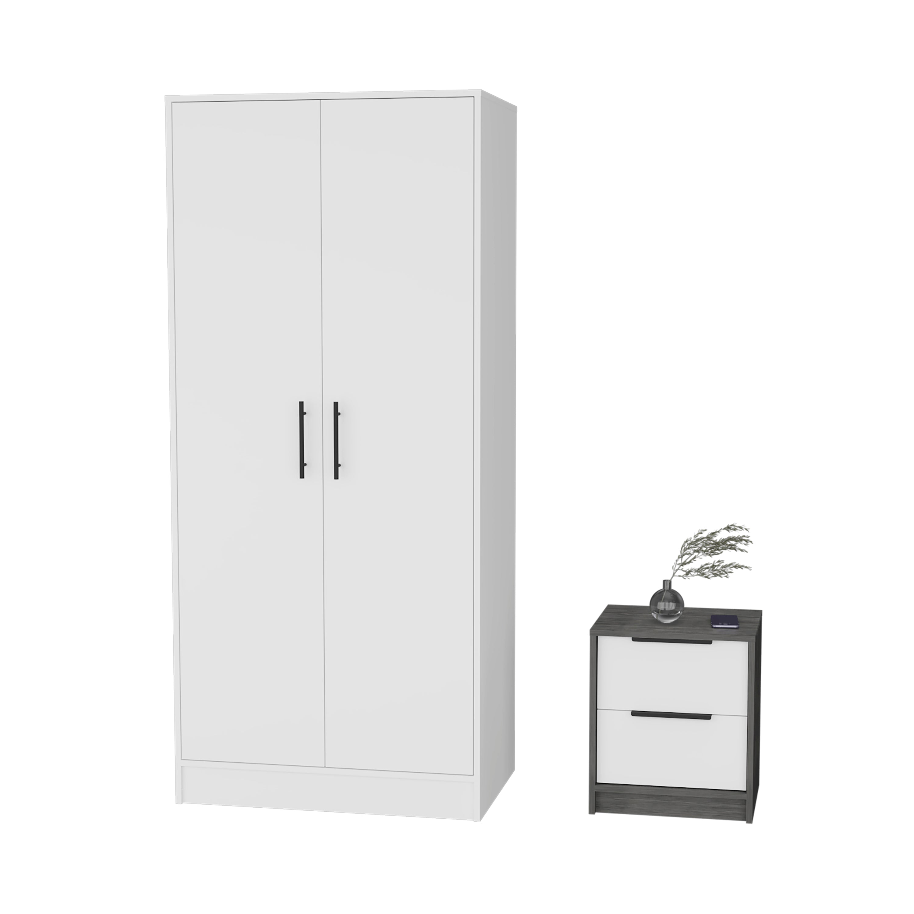 Mercer 2-Piece Bedroom Set, Armoire + Nightstand, White and Smokey Oak