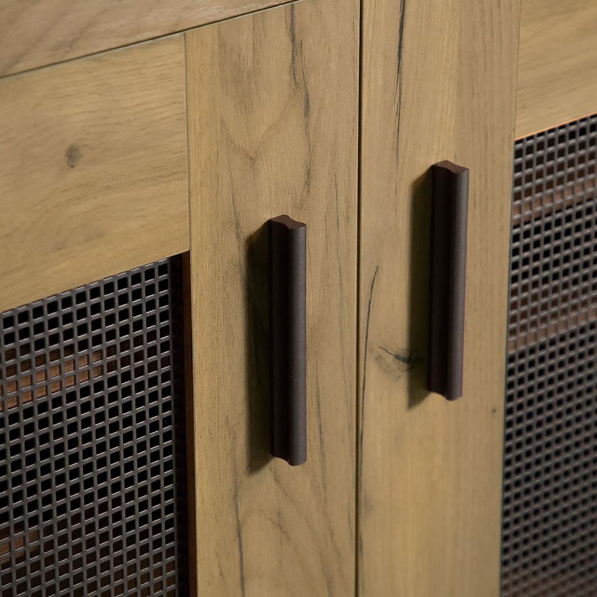 Golden Oak and Black Mesh Door Accent Cabinet