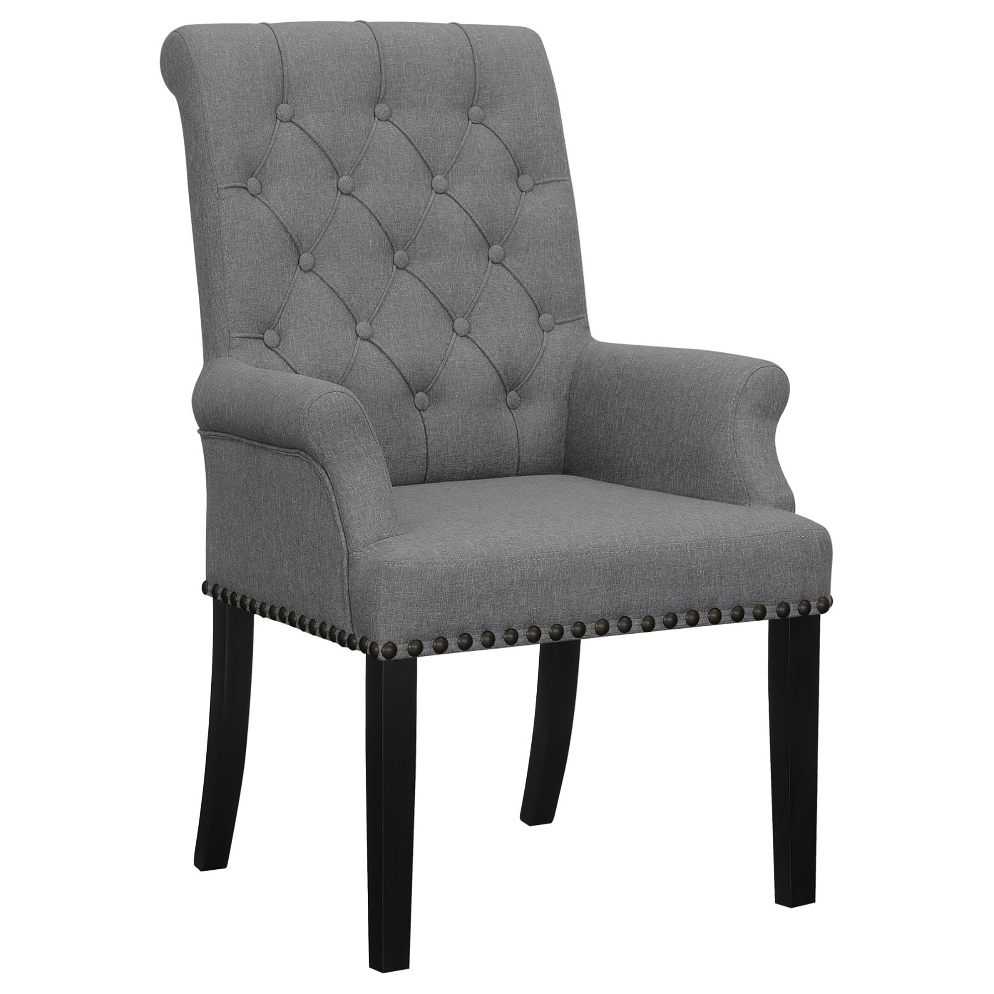 Grey Tufted Arm Chairs with Nailhead Trim