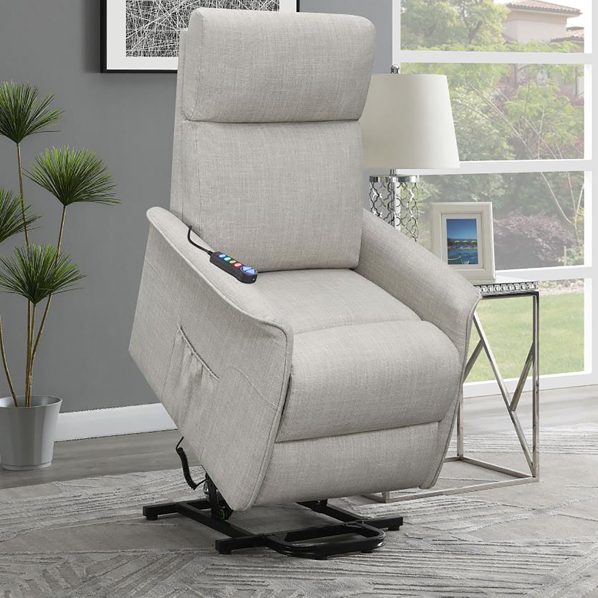 Beige Upholstered Power Lift Recliner with Wired Remote