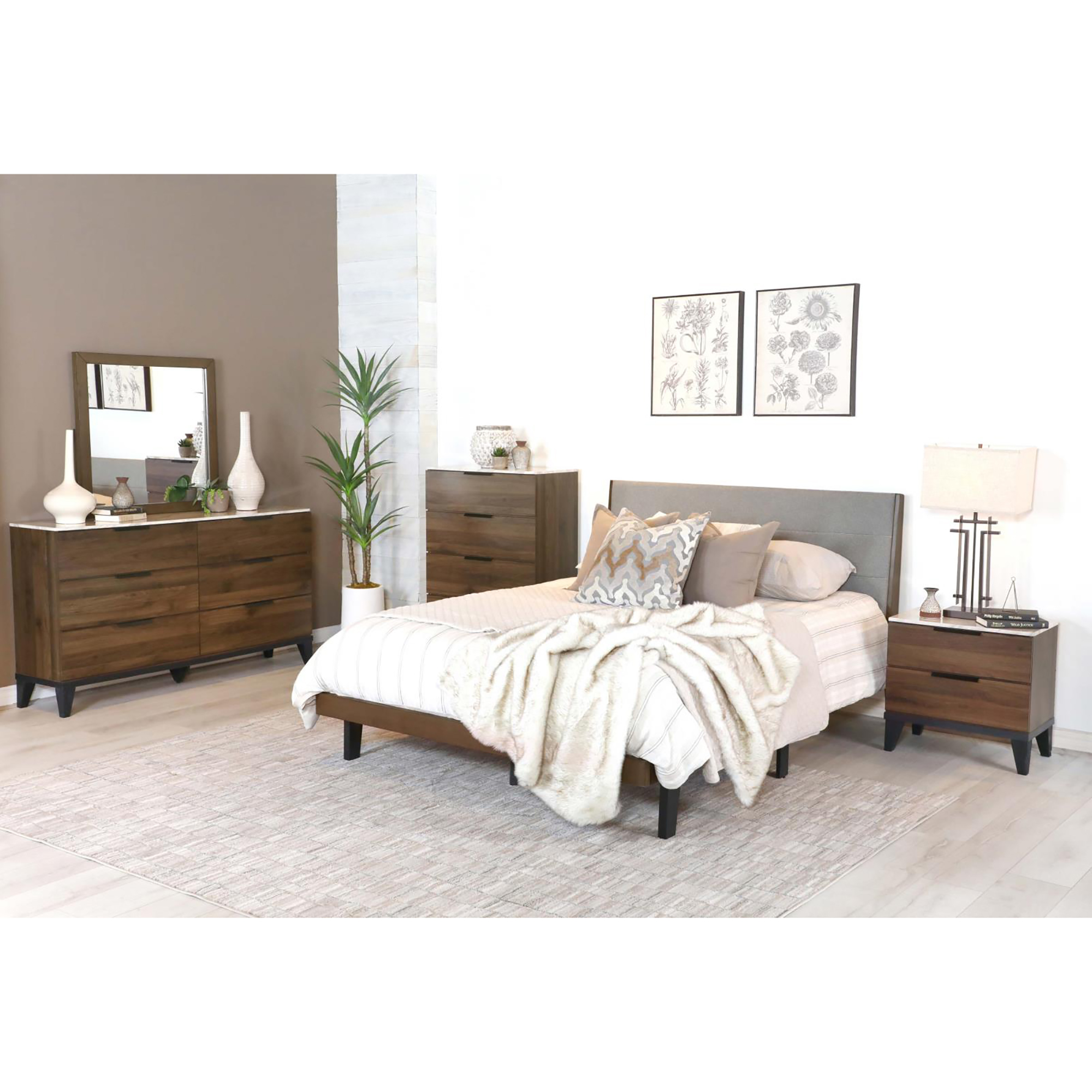 Walnut Brown 2-drawer Faux Marble Top Nightstand