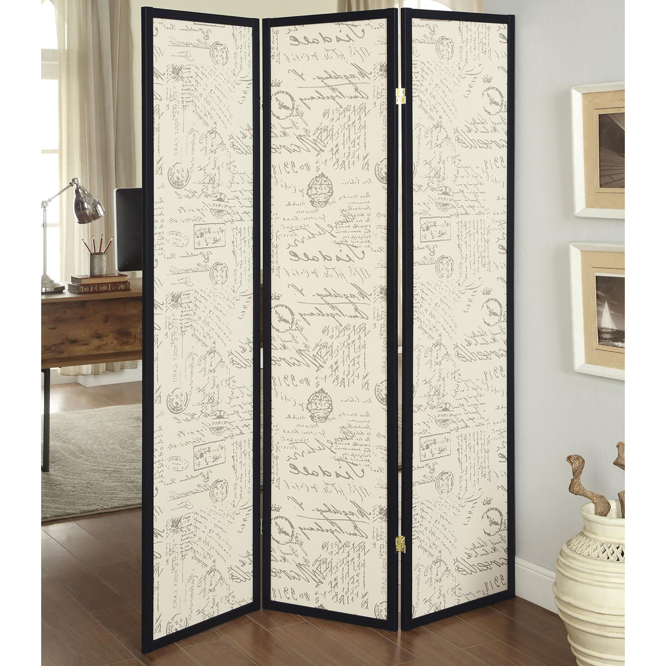 Beige and Espresso 3-panel Folding Screen