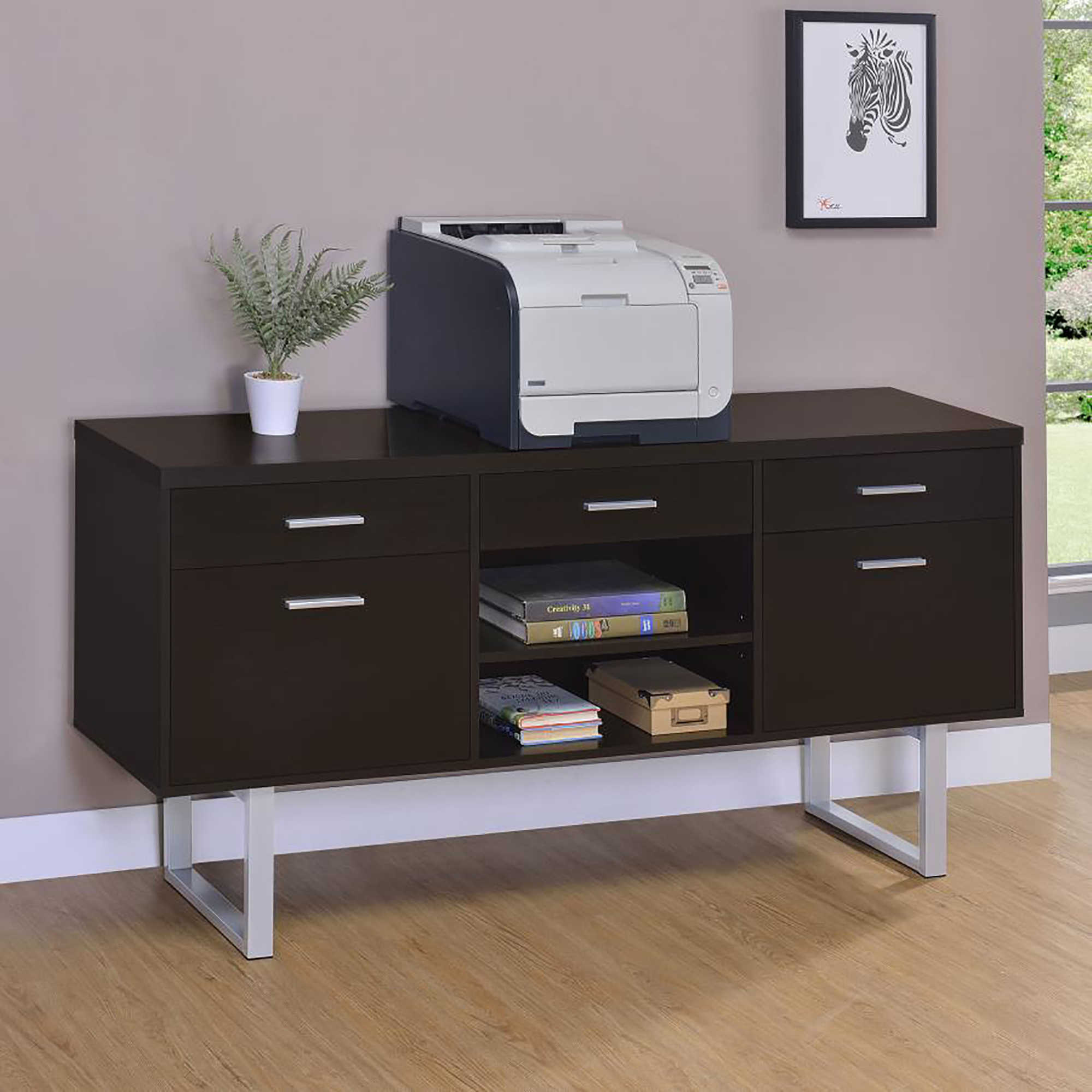 Cappuccino 5-drawer Credenza with Open Shelving