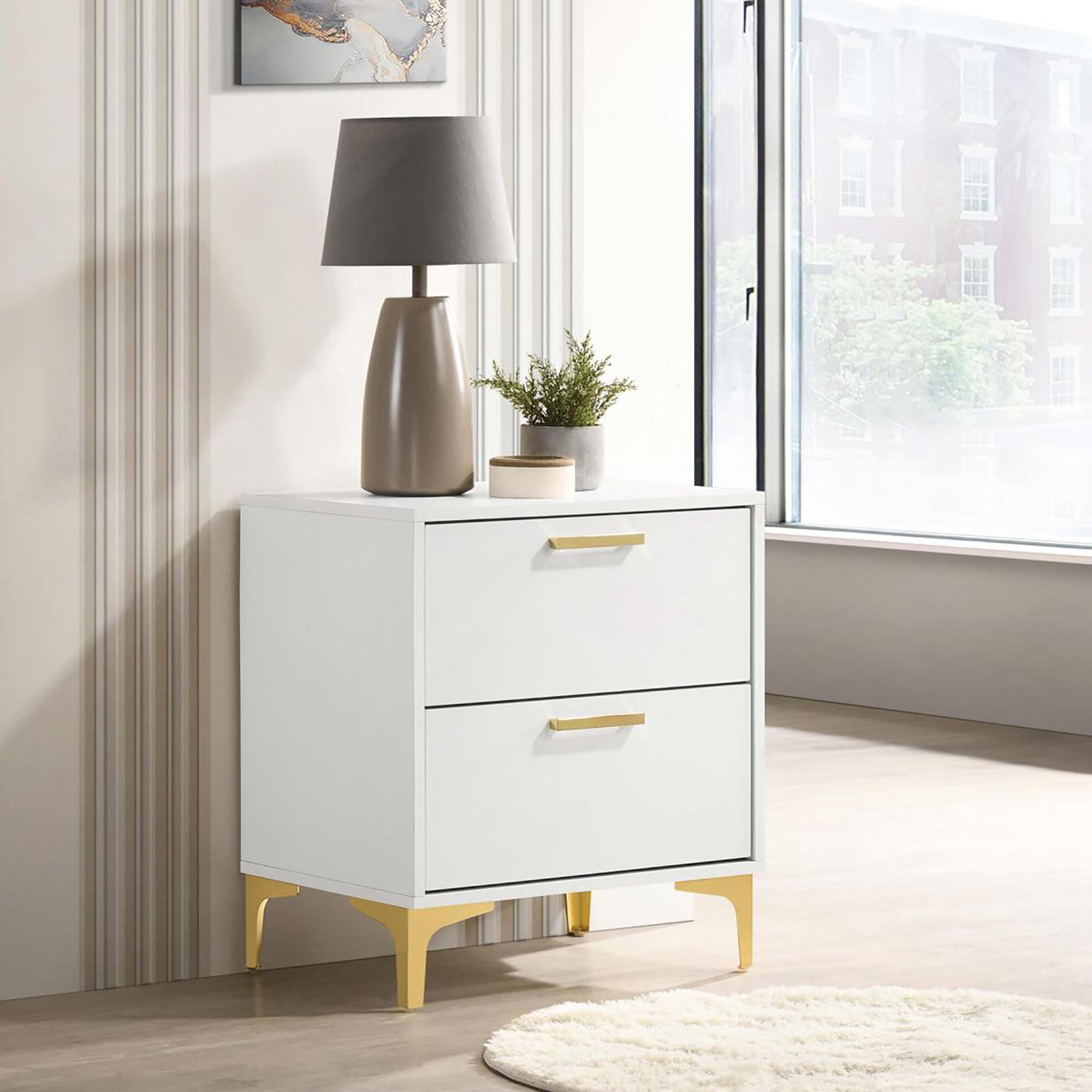 White and Gold 2-Drawer Rectangular Nightstand