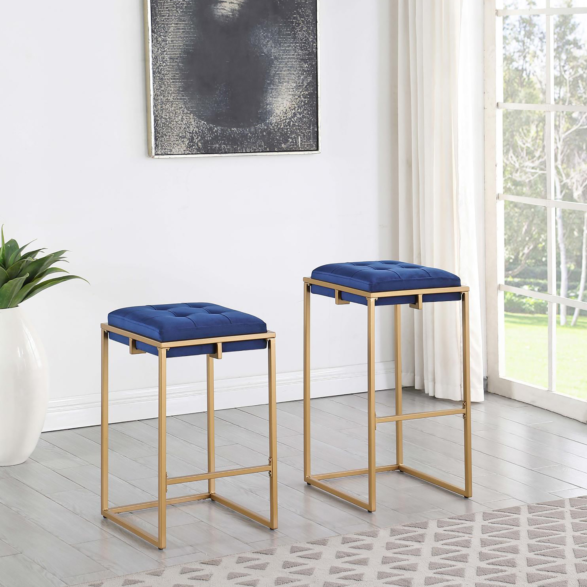 Blue and Gold Square Counter Height Stools (Set of 2)