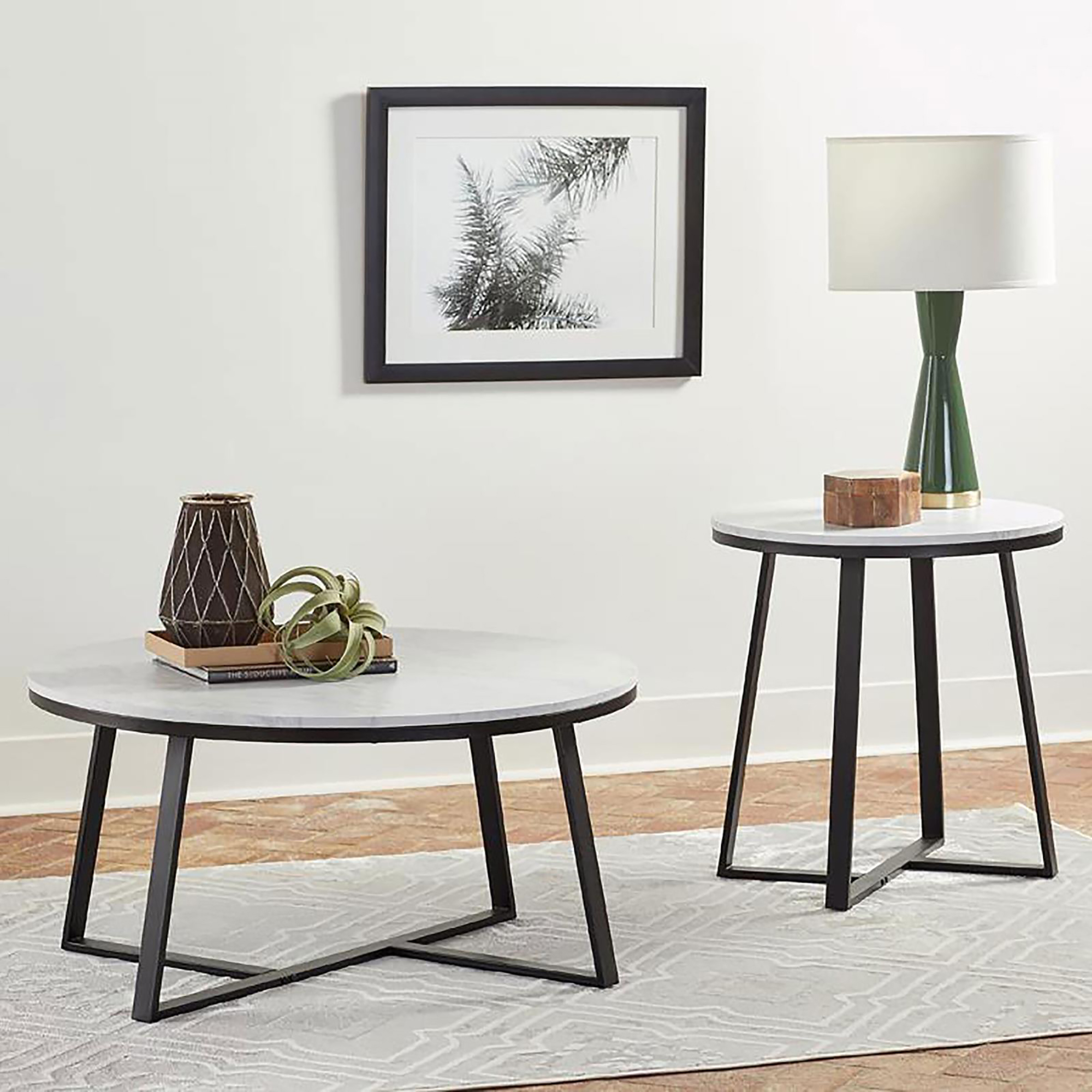 White Faux Marble and Matte Black End Table