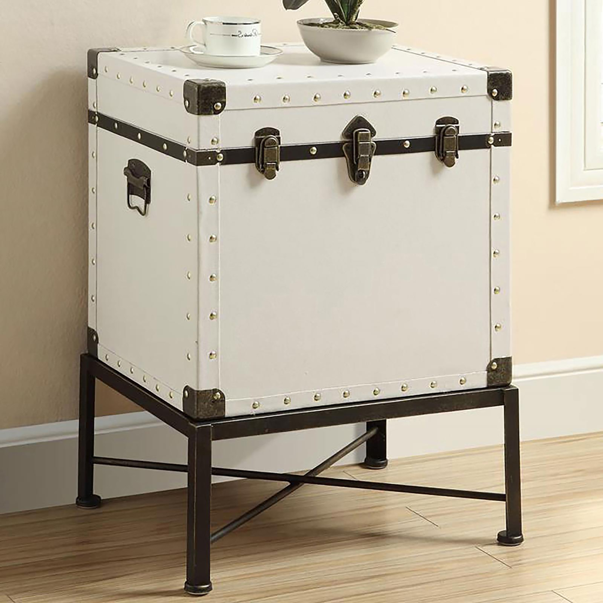 White and Bronze Washed Trunk Style Accent Cabinet