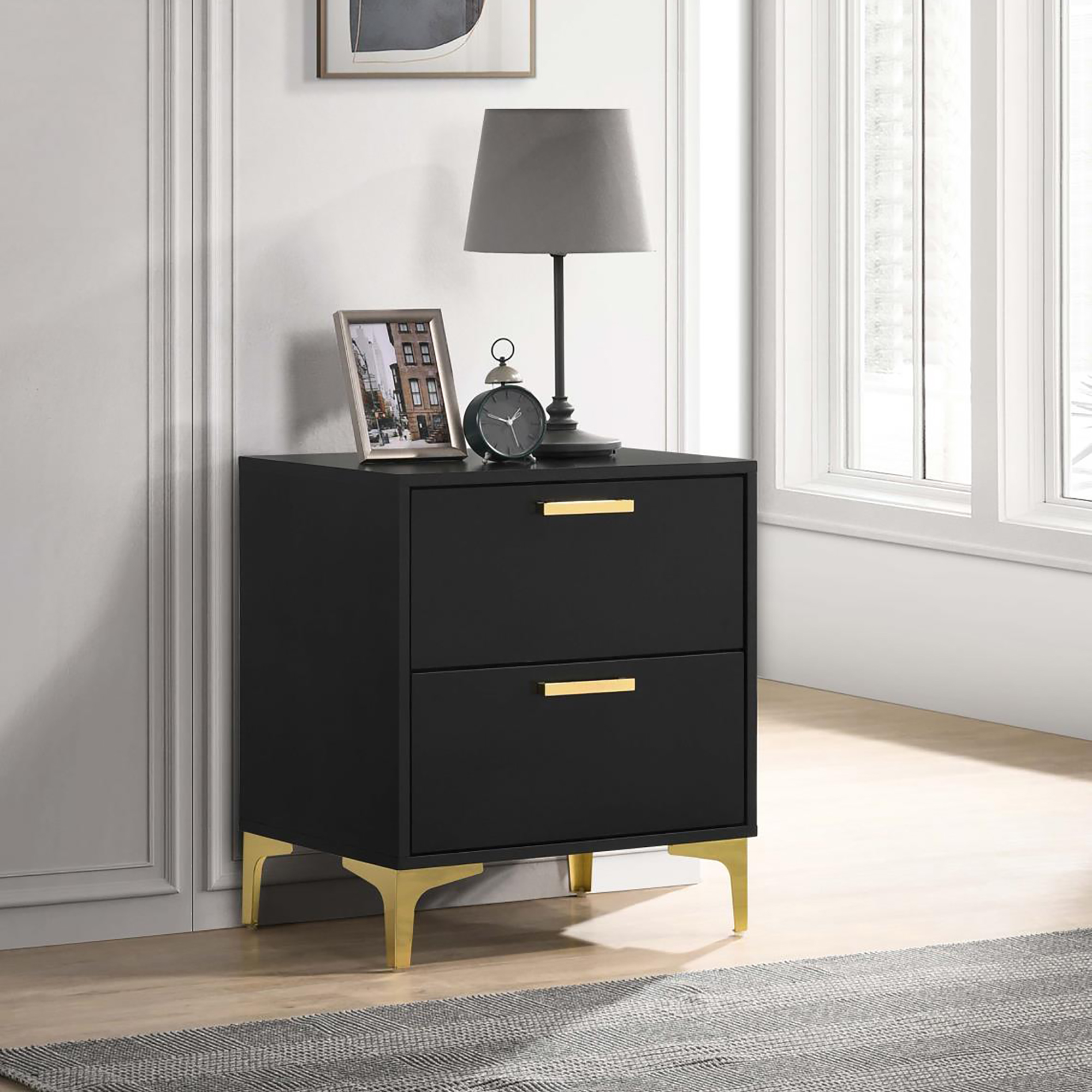 Black and Gold 2-Drawer Rectangular Nightstand