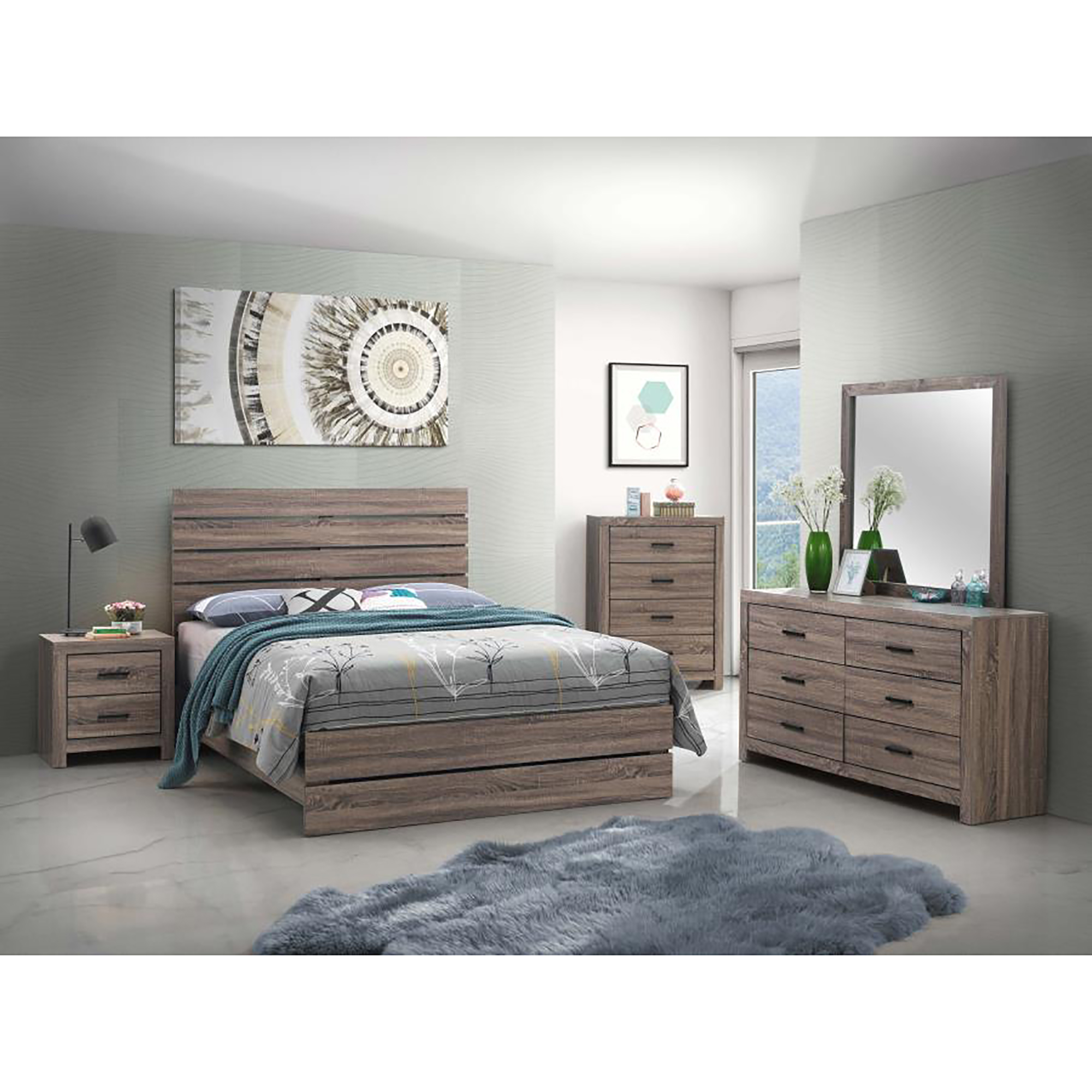 Barrel Oak Slatted Headboard Queen Panel Bed