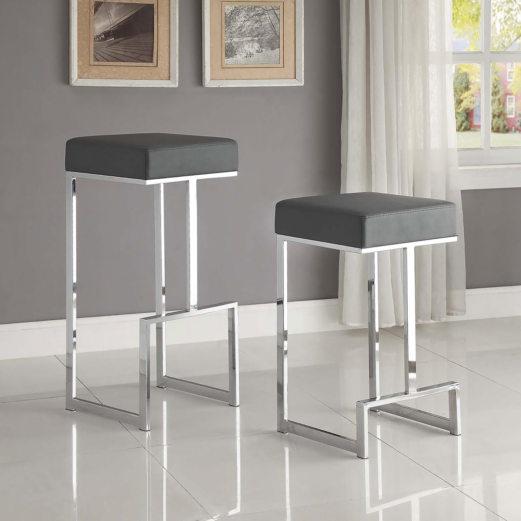 Grey and Chrome Upholstered Counter Height Stool