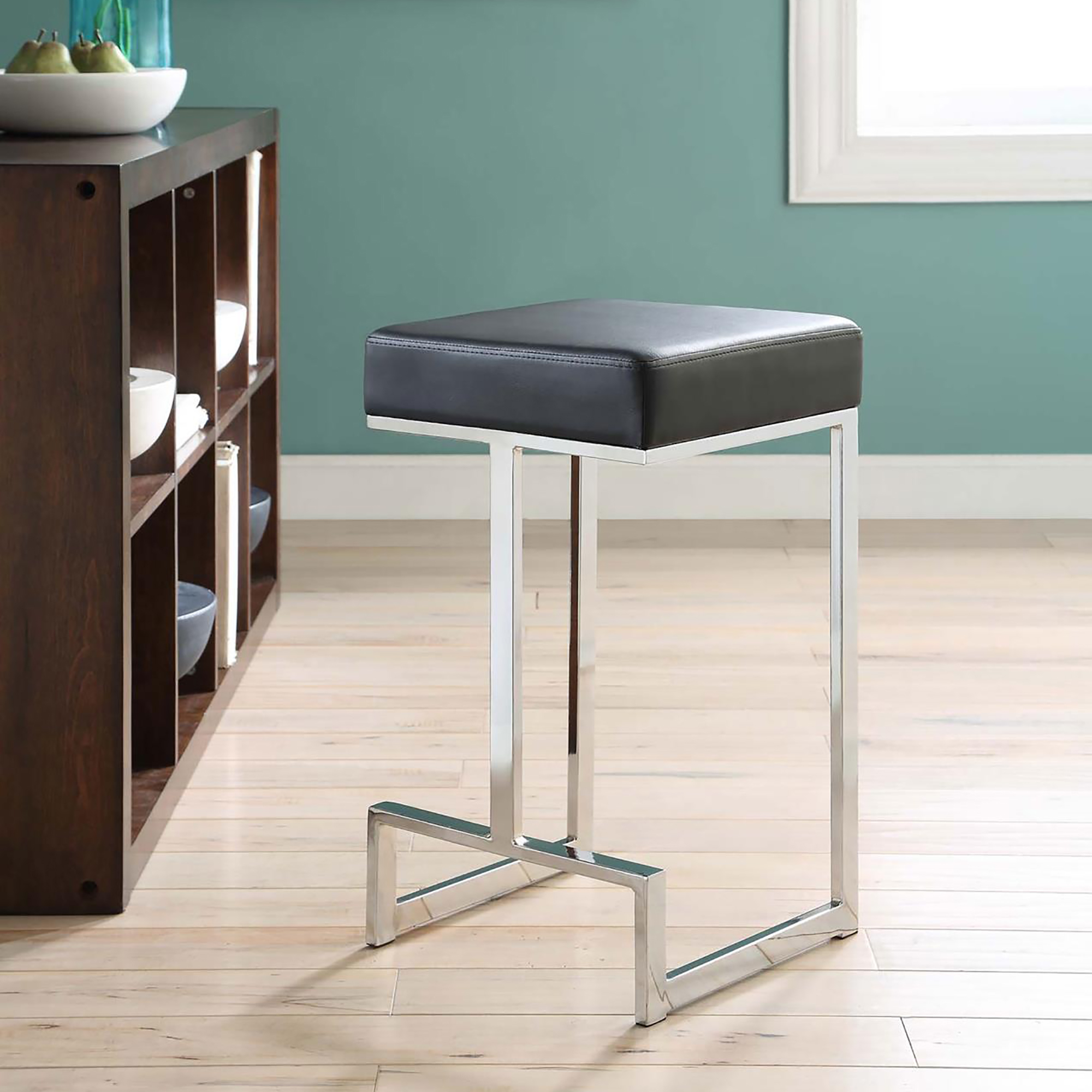 Black and Chrome Upholstered Counter Height Stool