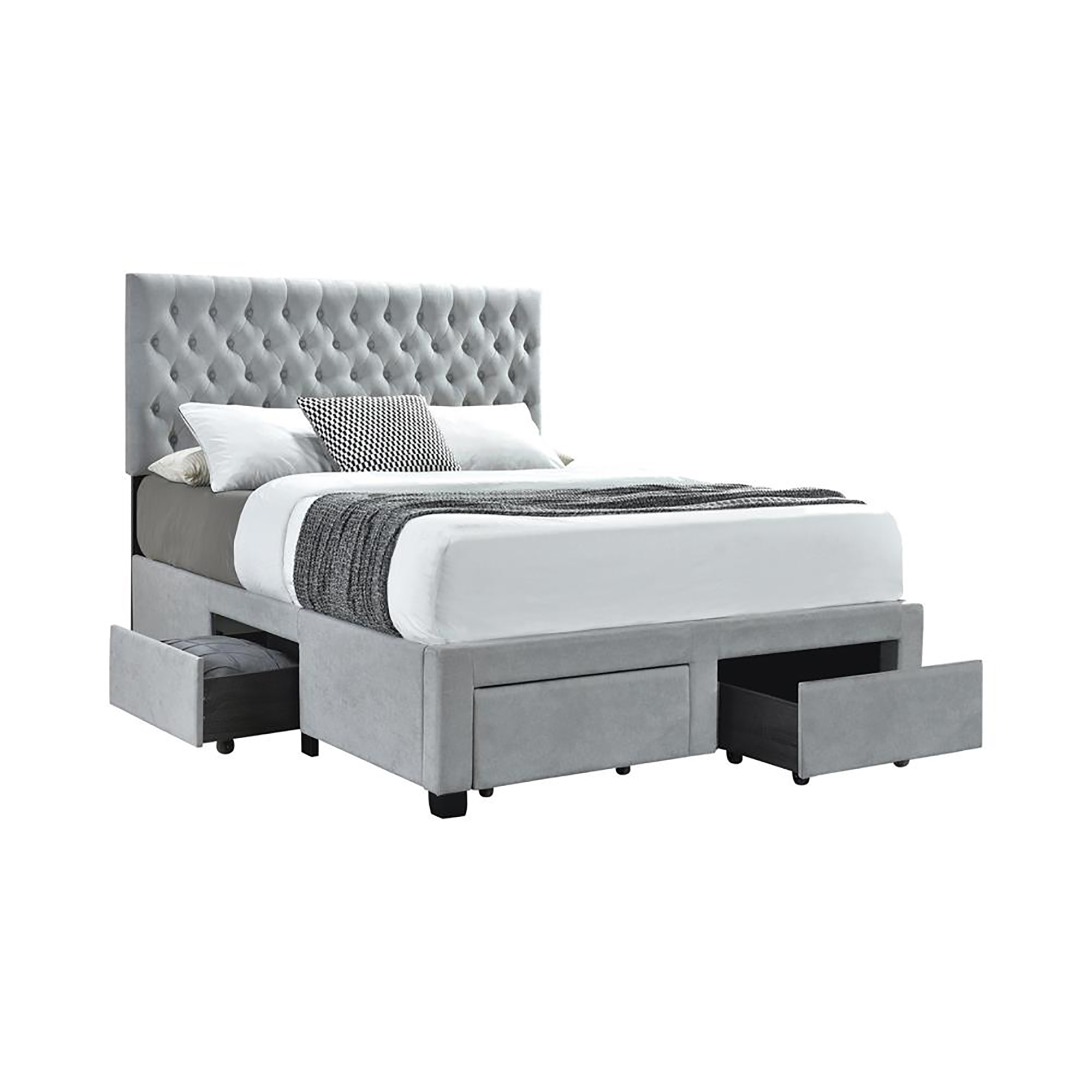 Light Grey Tufted 4-drawer Queen Storage Bed