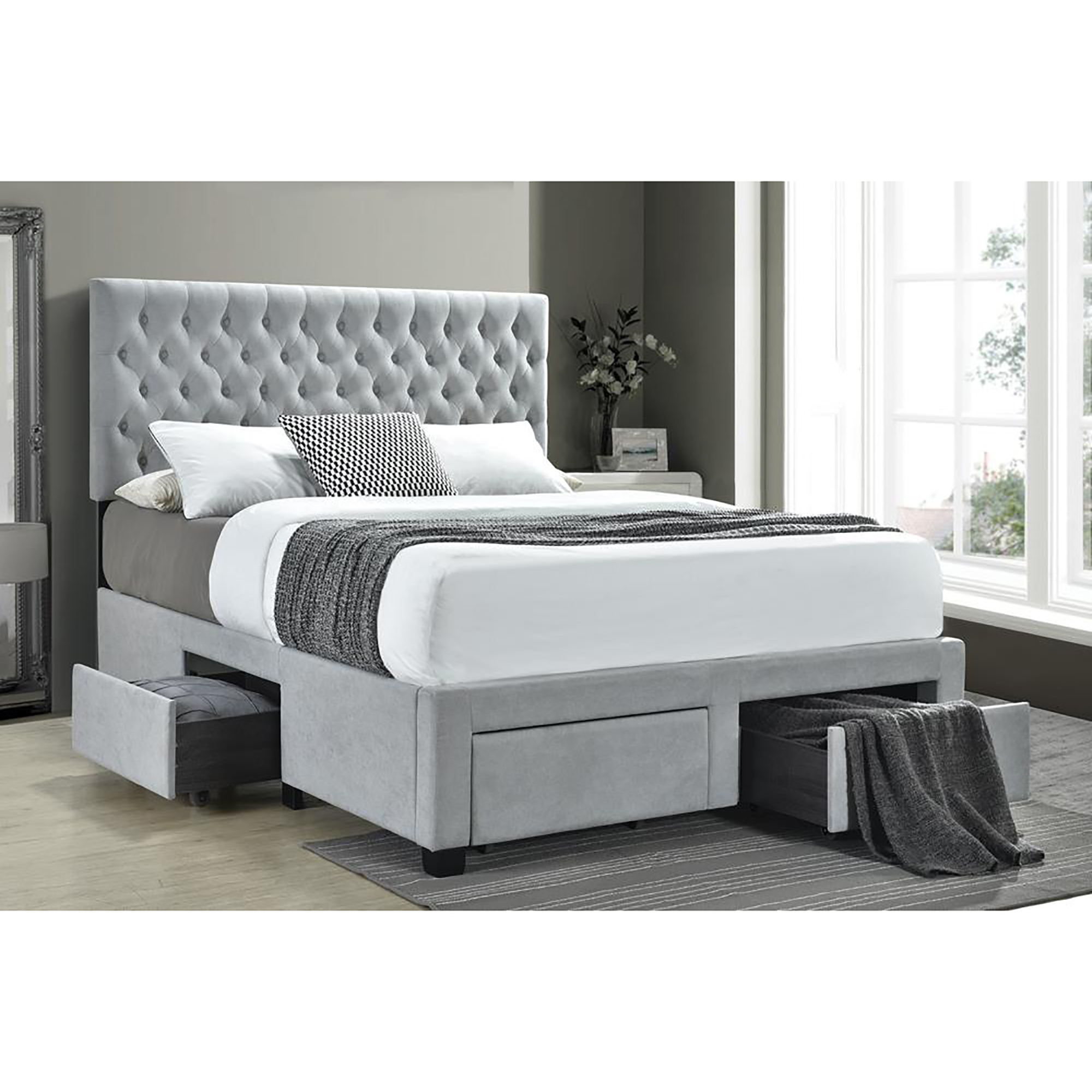 Light Grey Tufted 4-drawer Queen Storage Bed