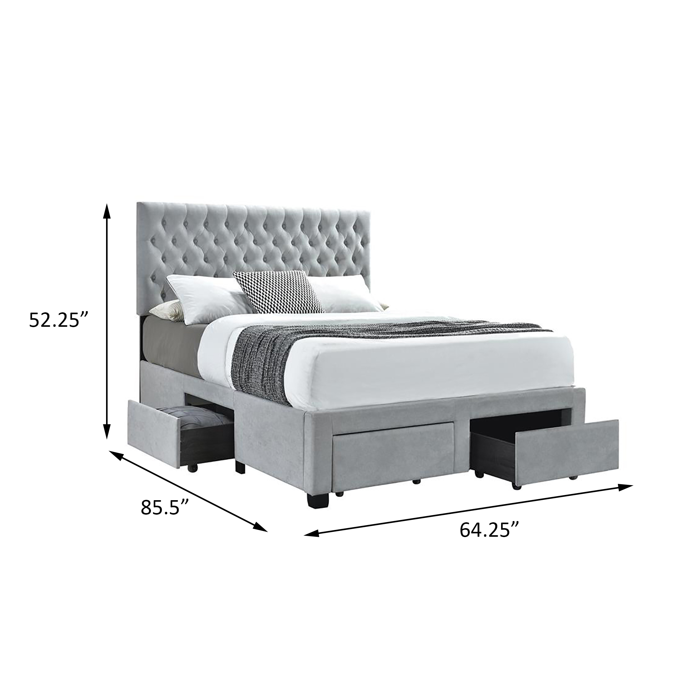 Light Grey Tufted 4-drawer Queen Storage Bed