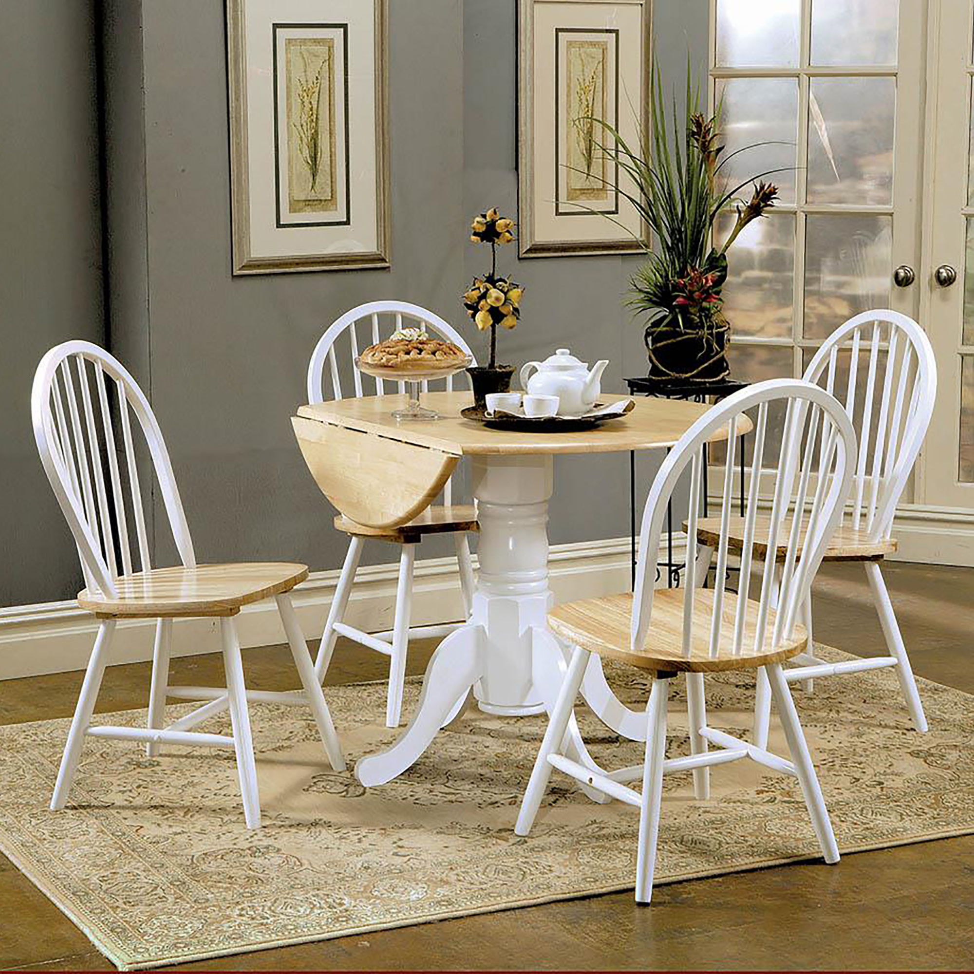 Natural Brown and White Round Dining Table with Drop Leaf