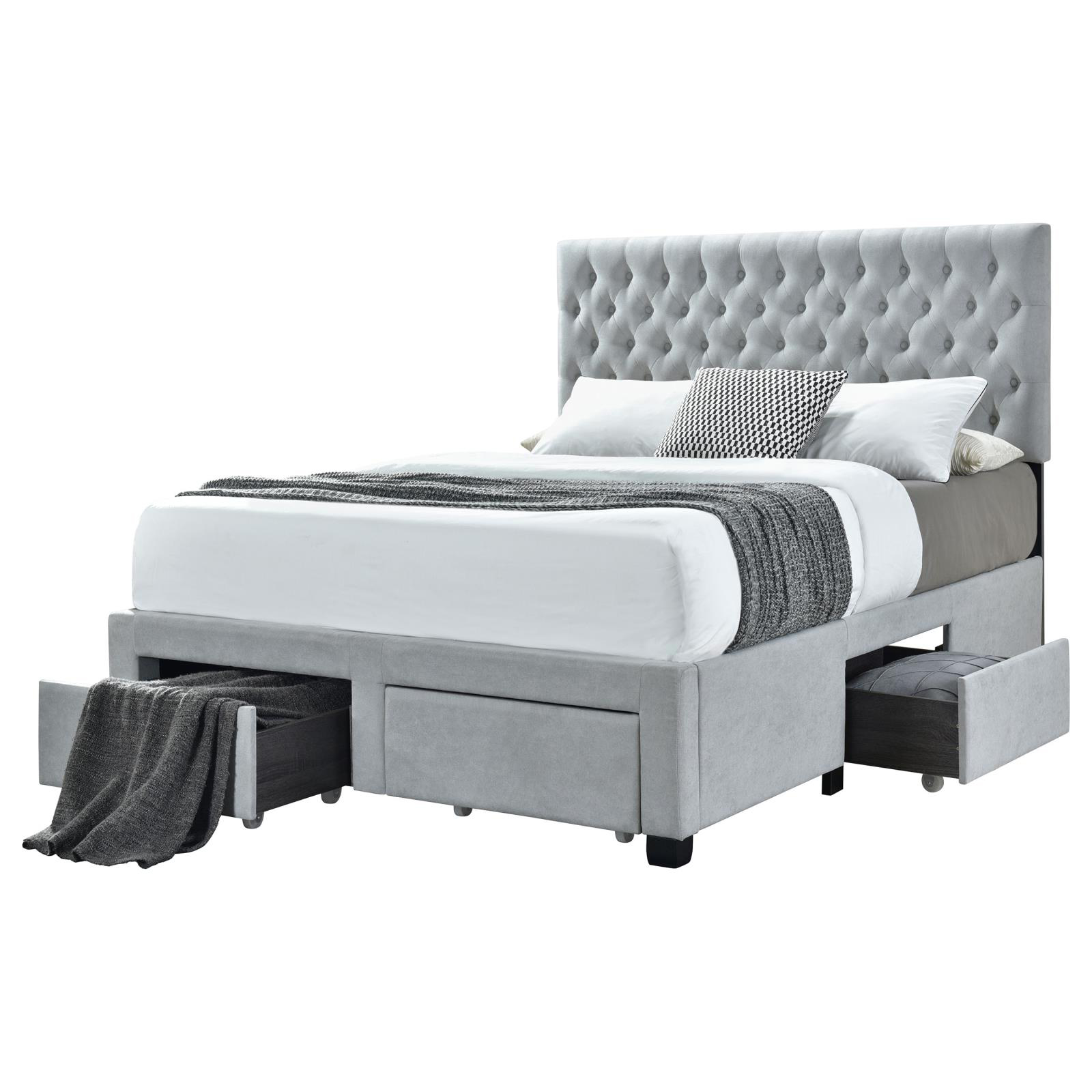 Light Grey Tufted 4-drawer Queen Storage Bed