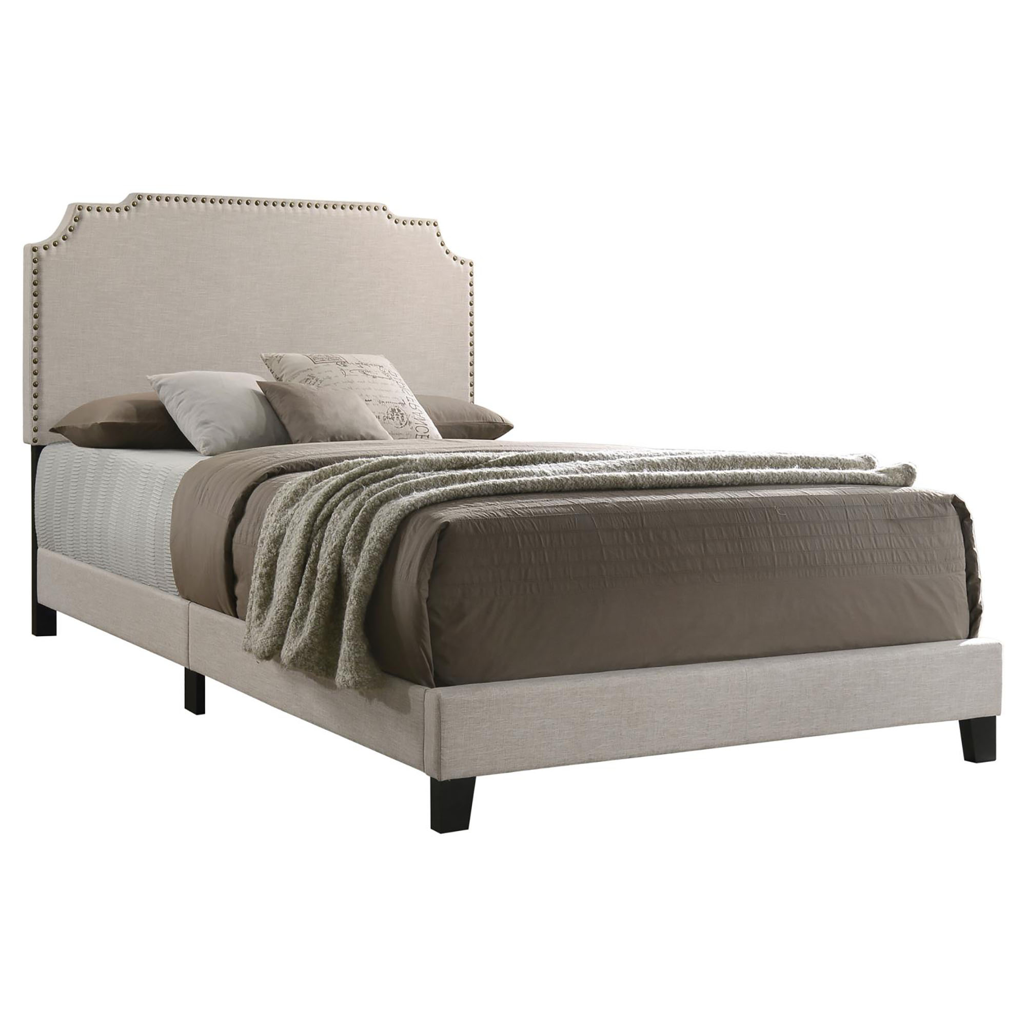 Beige Queen Panel Bed with Nailhead Trim