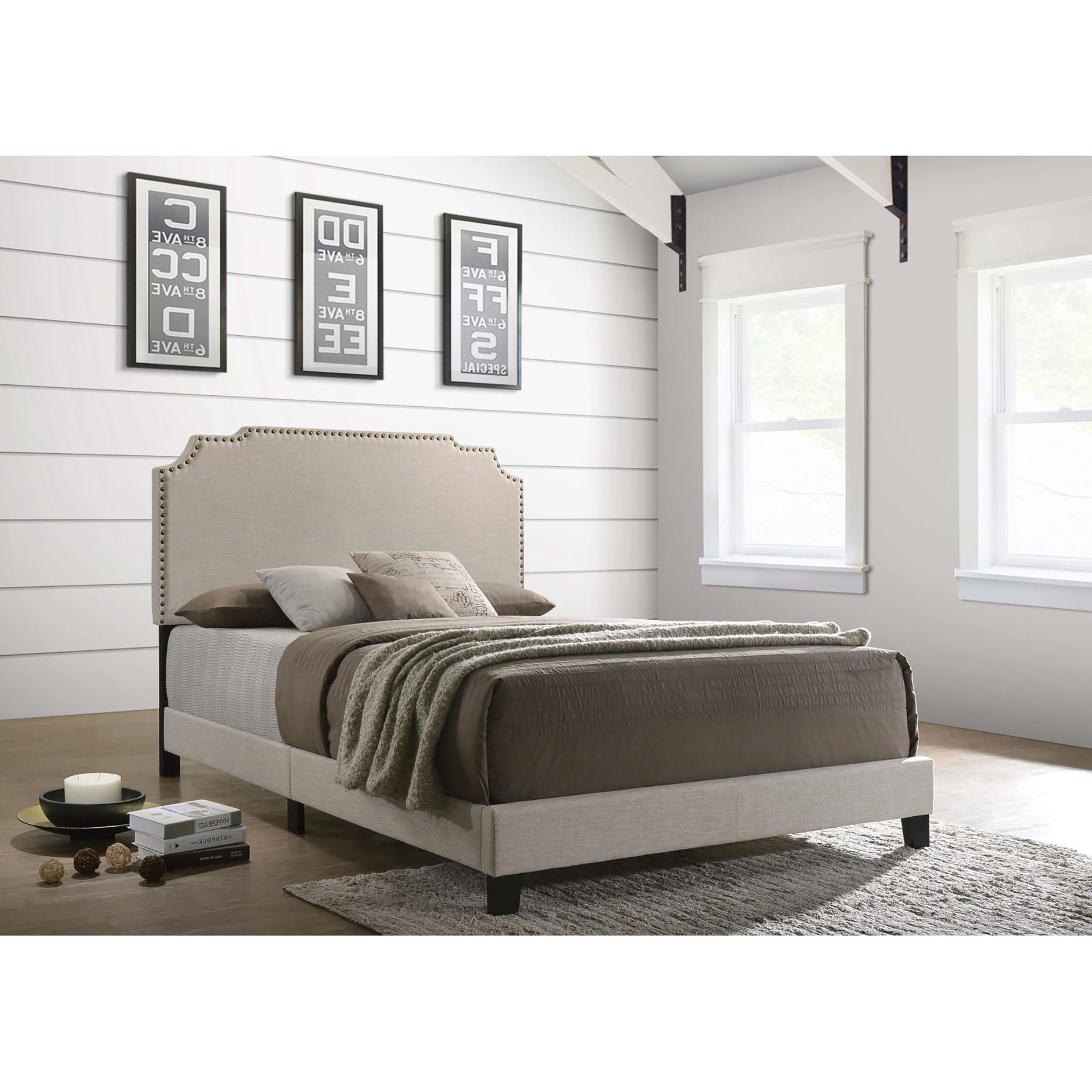 Beige Queen Panel Bed with Nailhead Trim