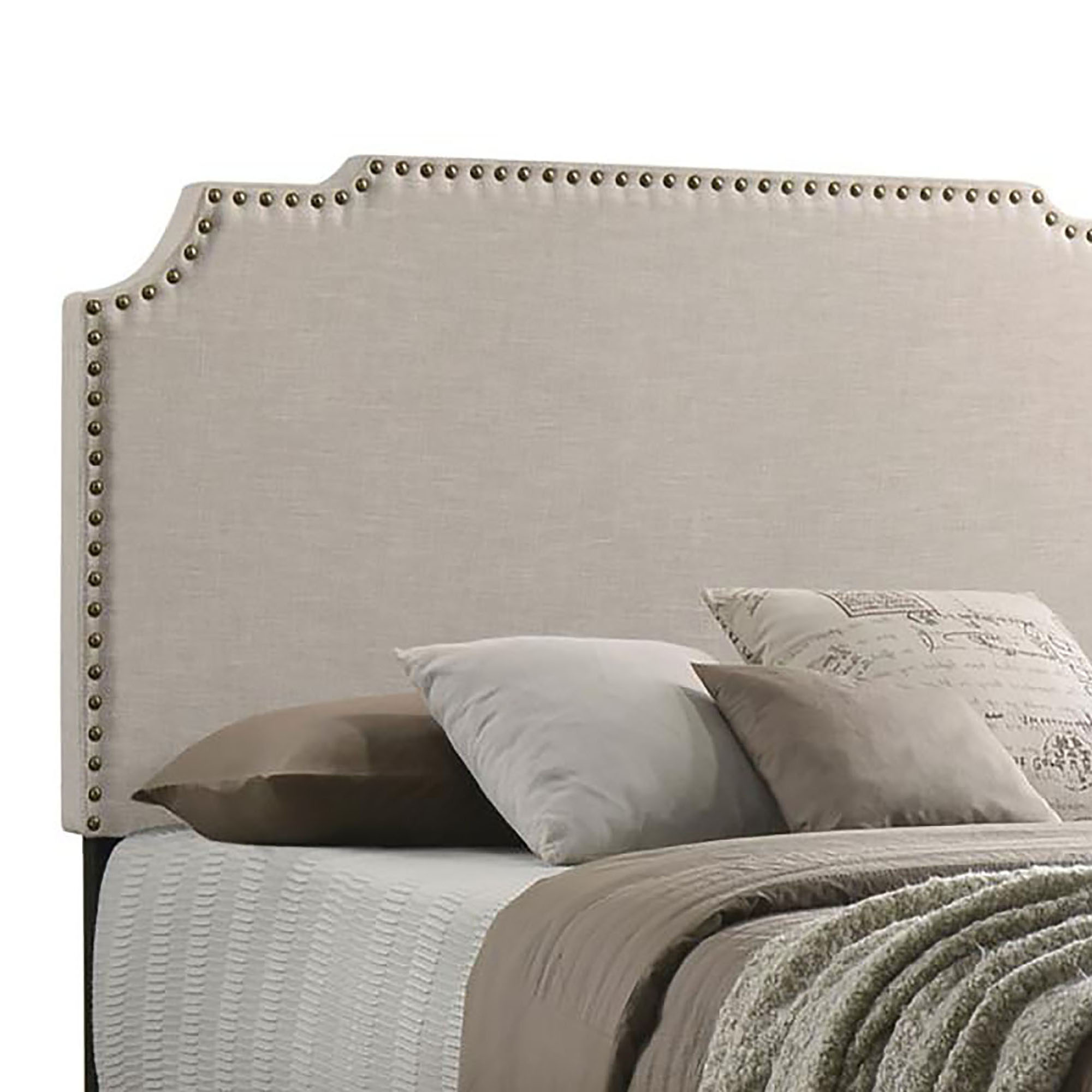 Beige Queen Panel Bed with Nailhead Trim