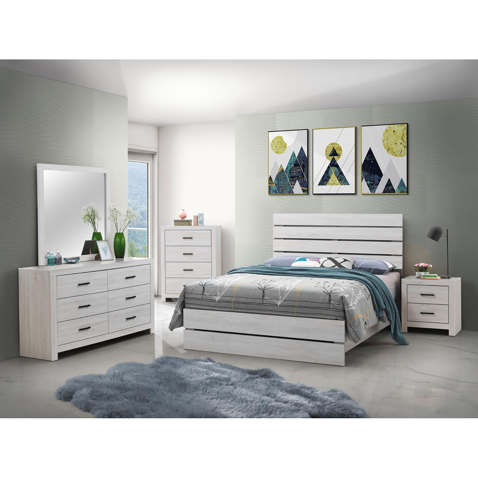 Coastal White Slatted Headboard Queen Panel Bed