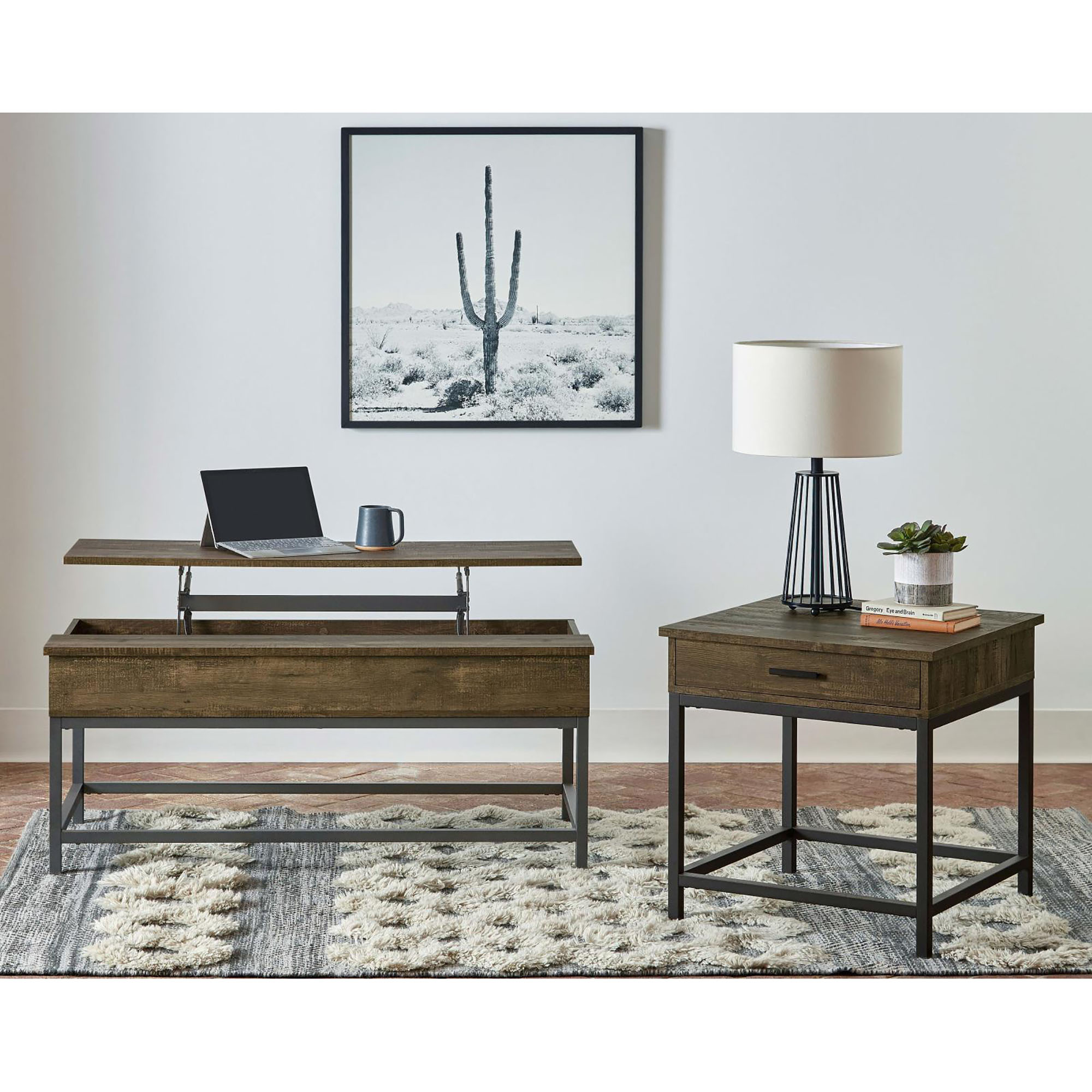 Brown Oak and Sandy Black Square End Table