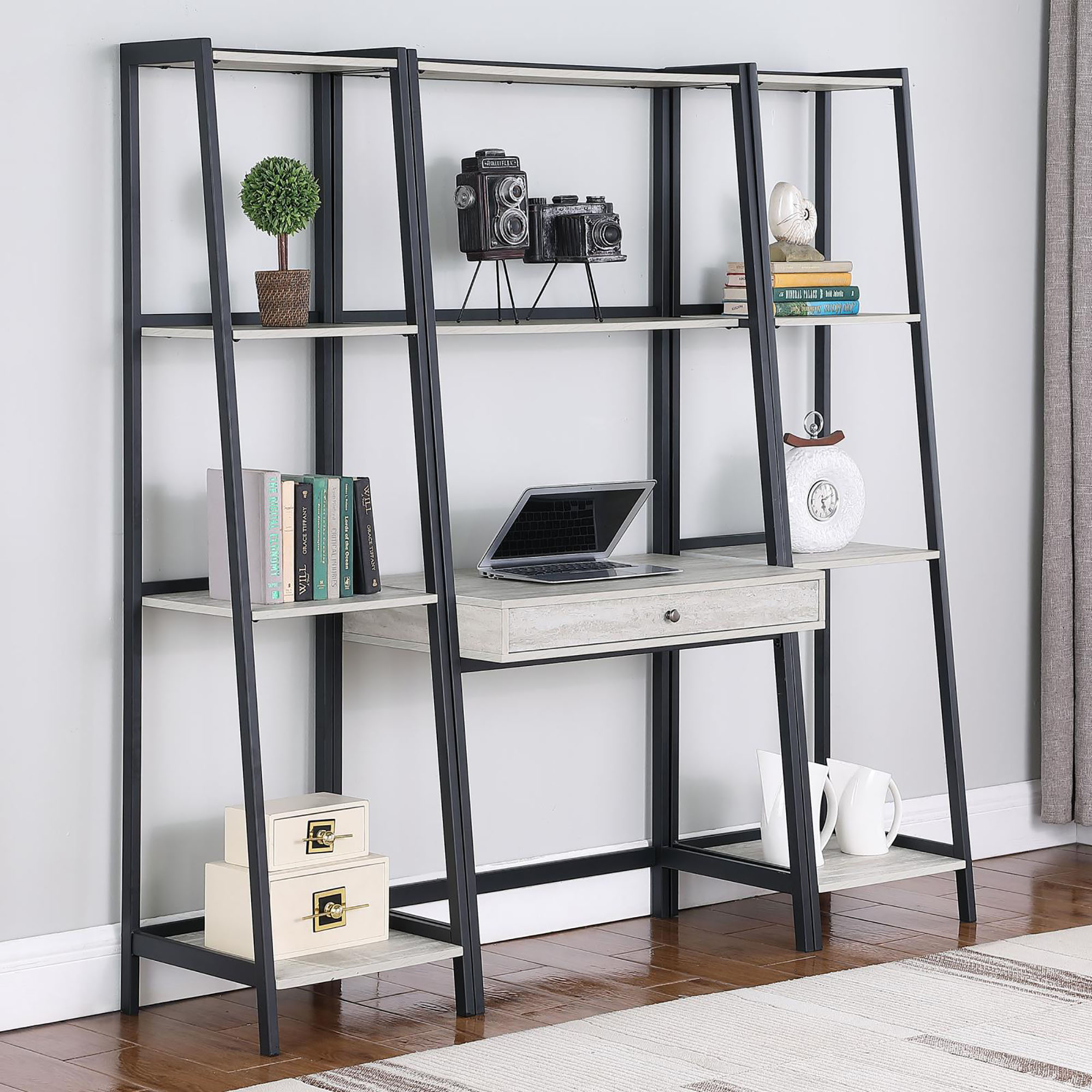 Grey Stone Herringbone and Black 1-drawer Ladder Desk