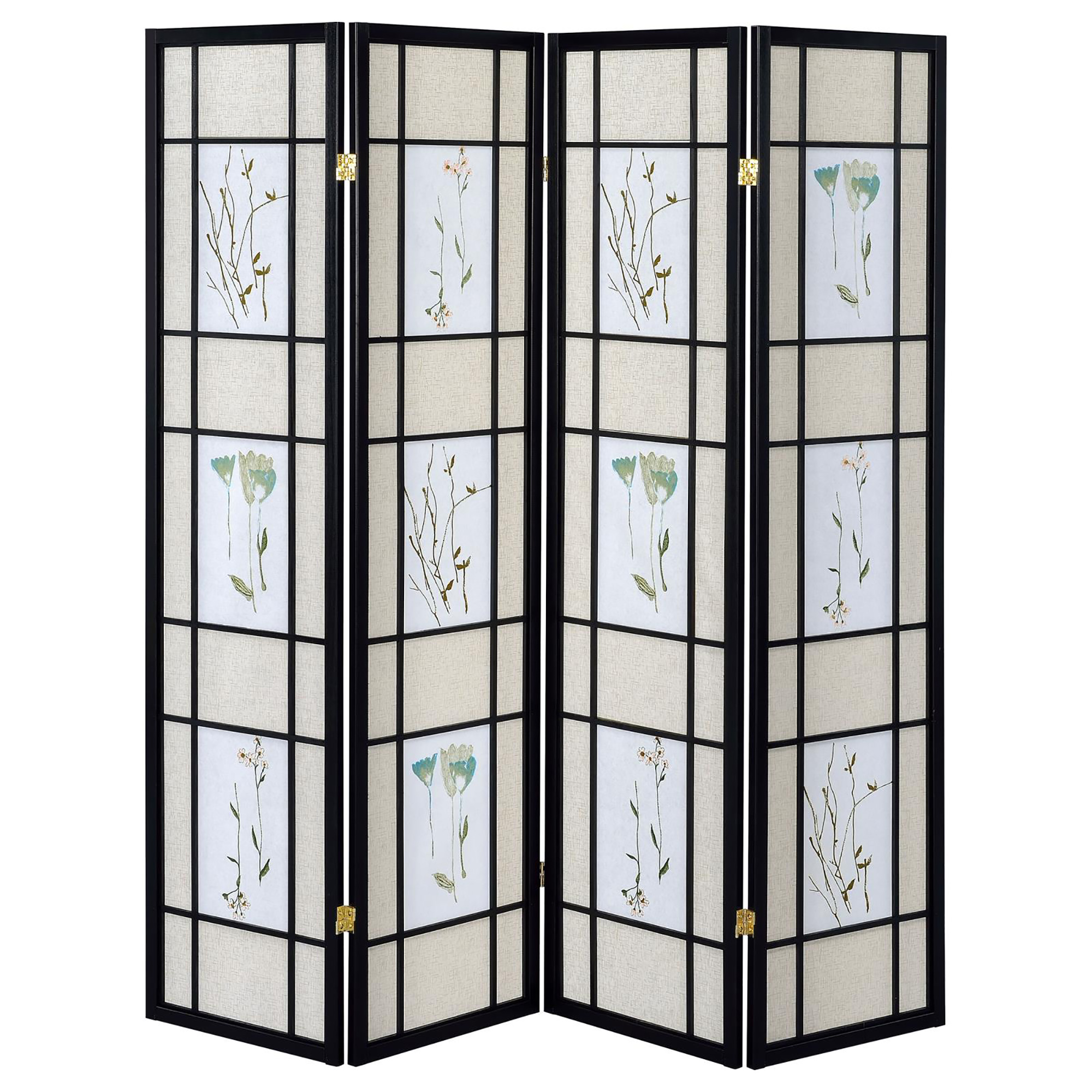 Floral and Black 4-Panel Folding Screen with Floral Motif