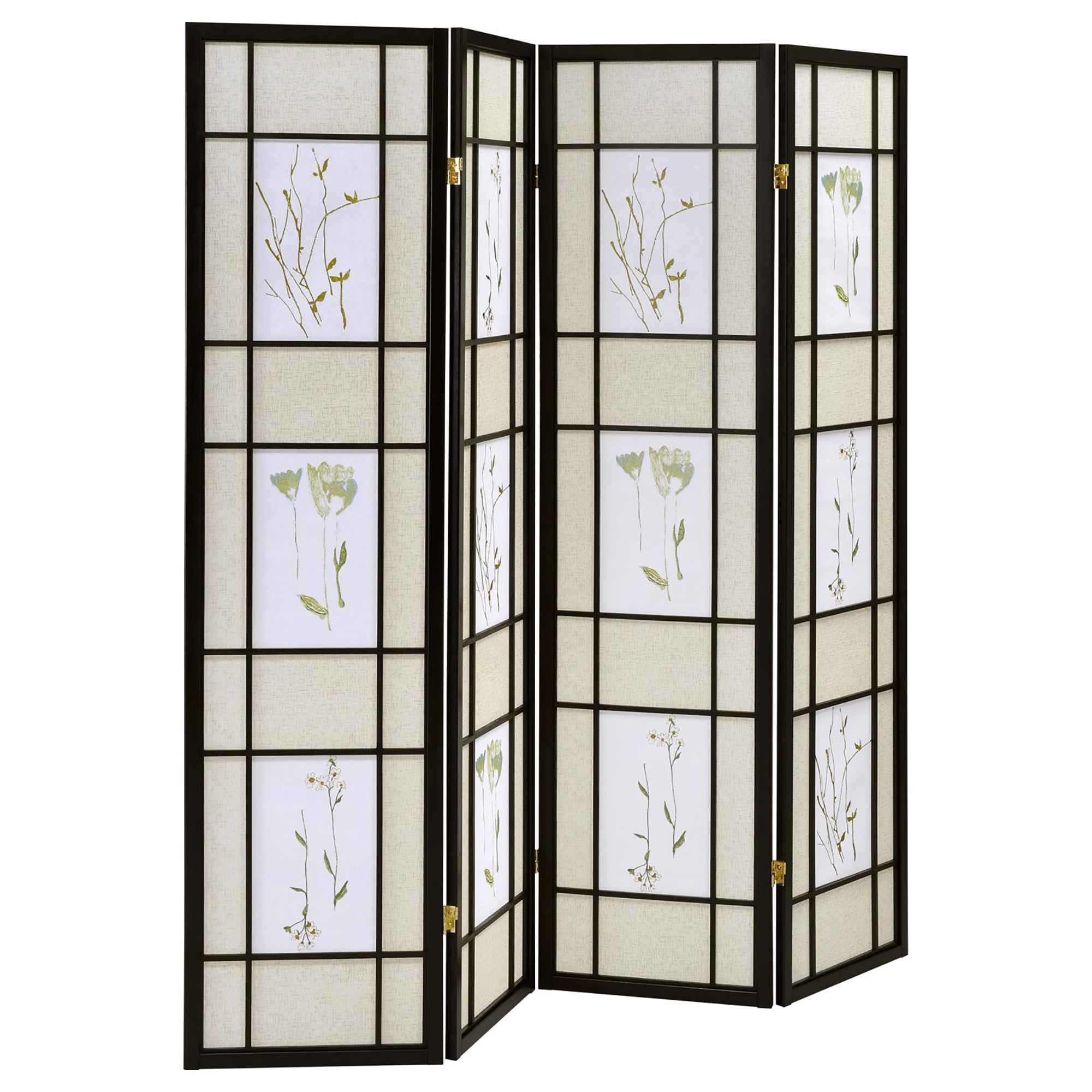 Floral and Black 4-Panel Folding Screen with Floral Motif