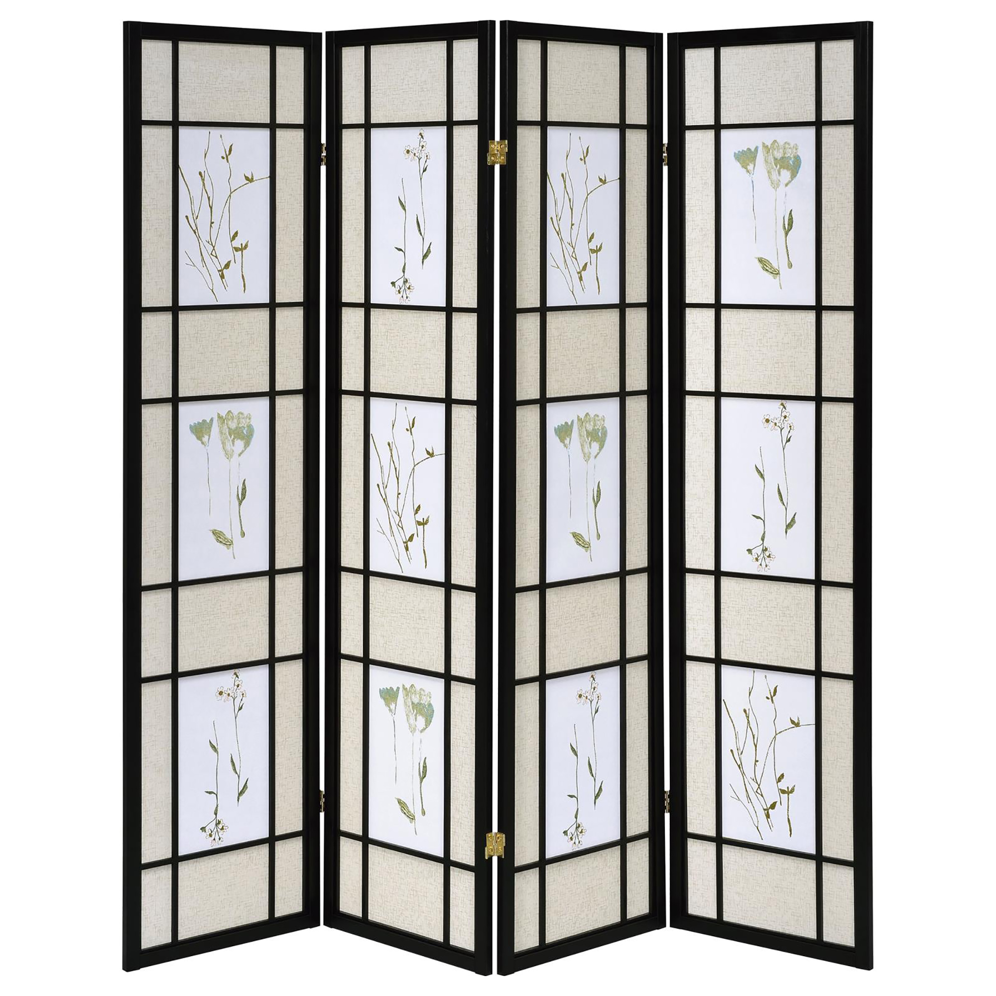 Floral and Black 4-Panel Folding Screen with Floral Motif