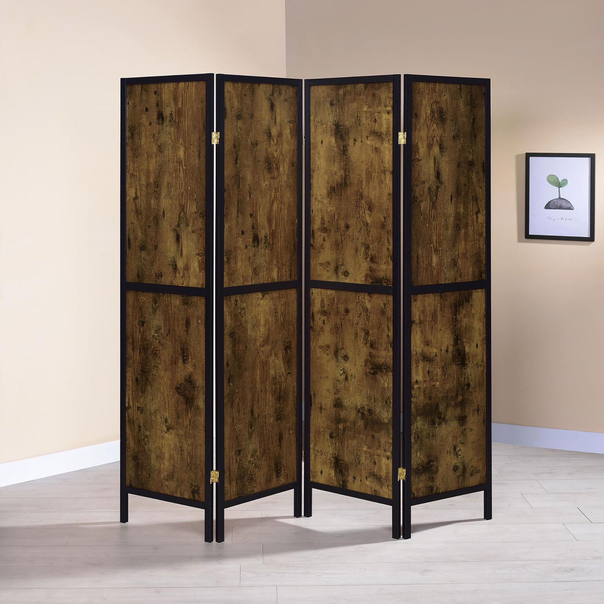 Antique Nutmeg and Black 4-Panel Folding Screen