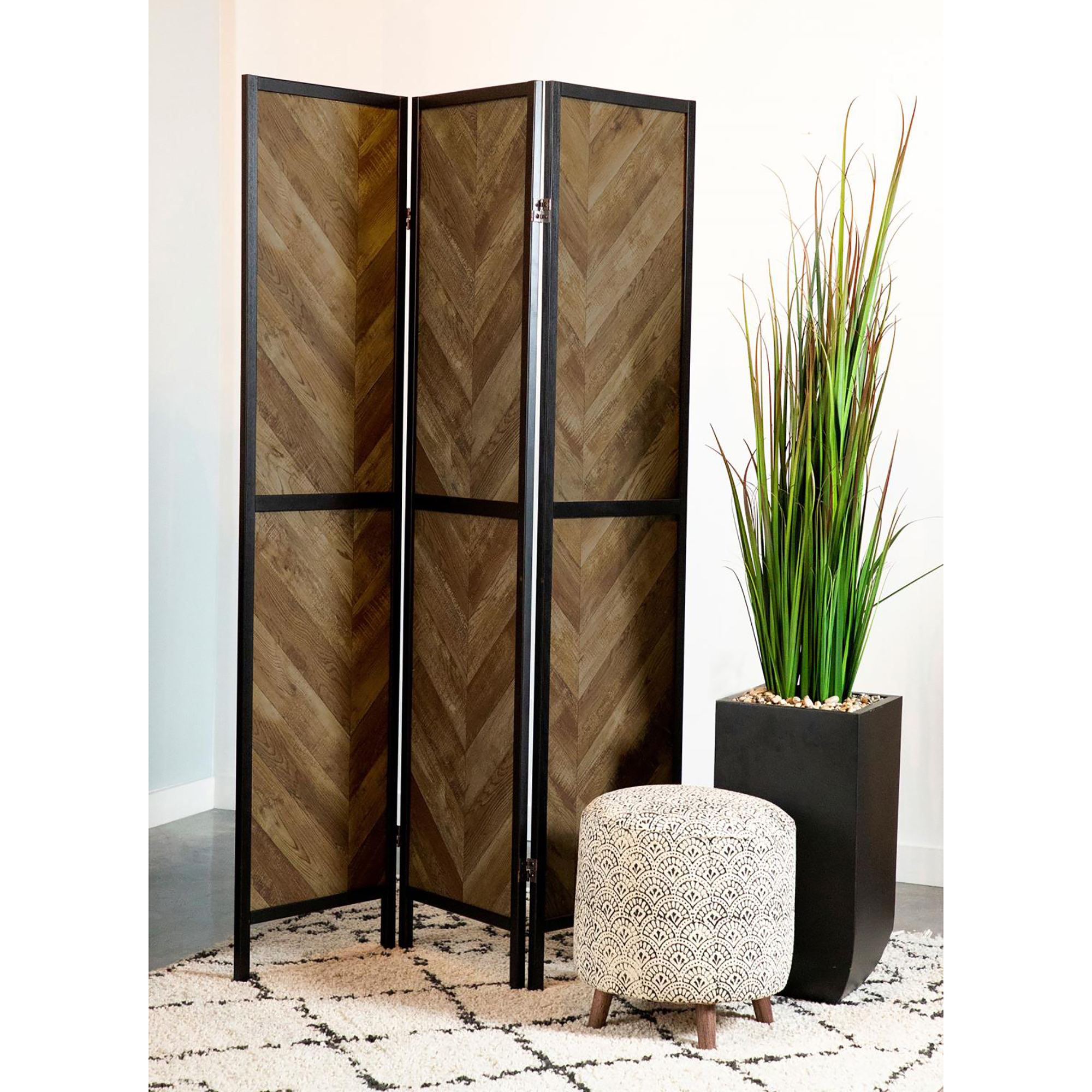 Rustic Tobacco Herringbone 3-Panel Folding Screen