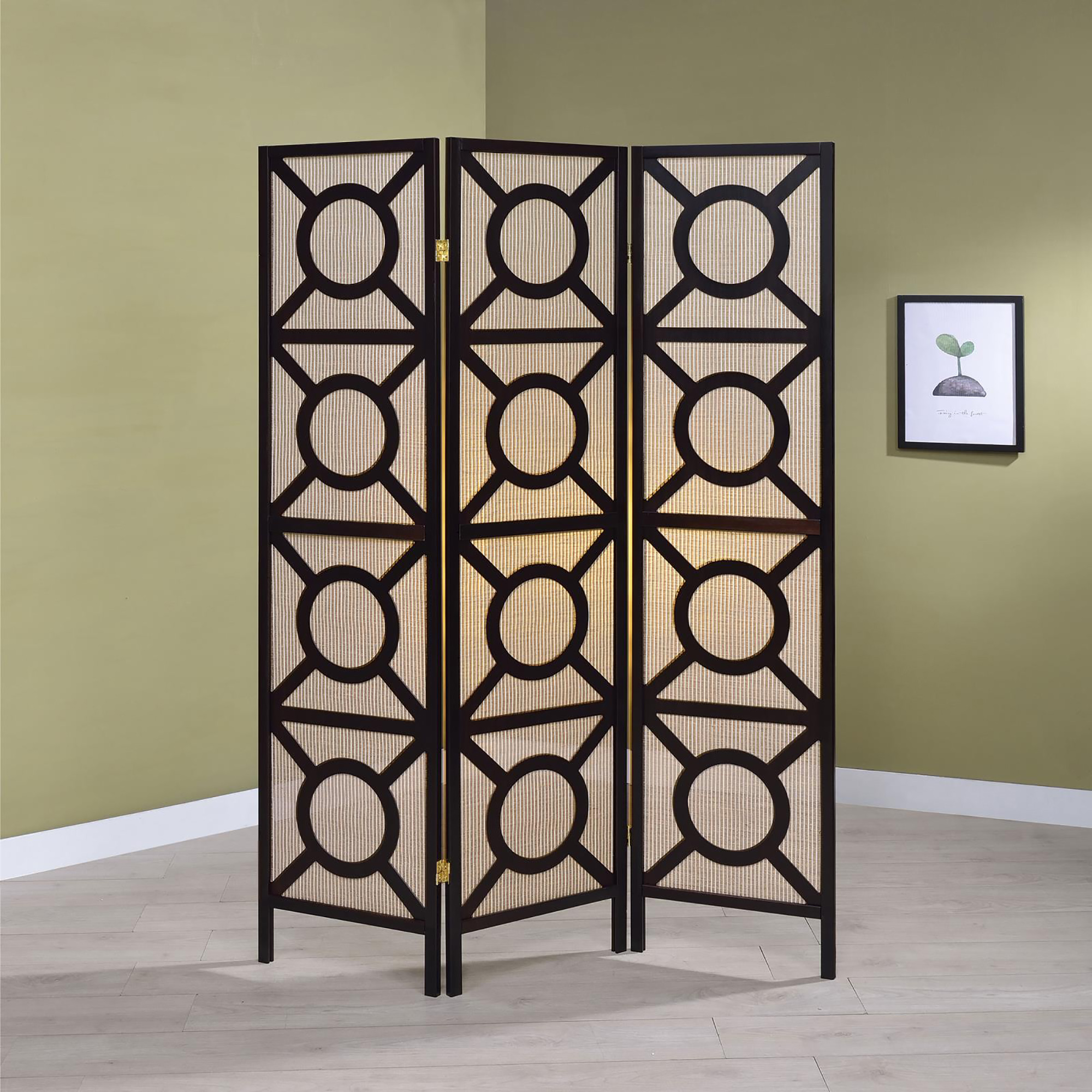 Tan and Cappuccino Circle Pattern 3-Panel Folding Screen