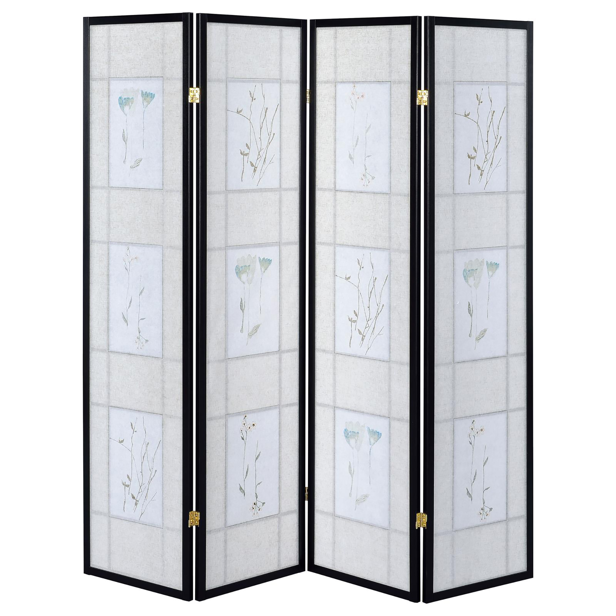 Floral and Black 4-Panel Folding Screen with Floral Motif