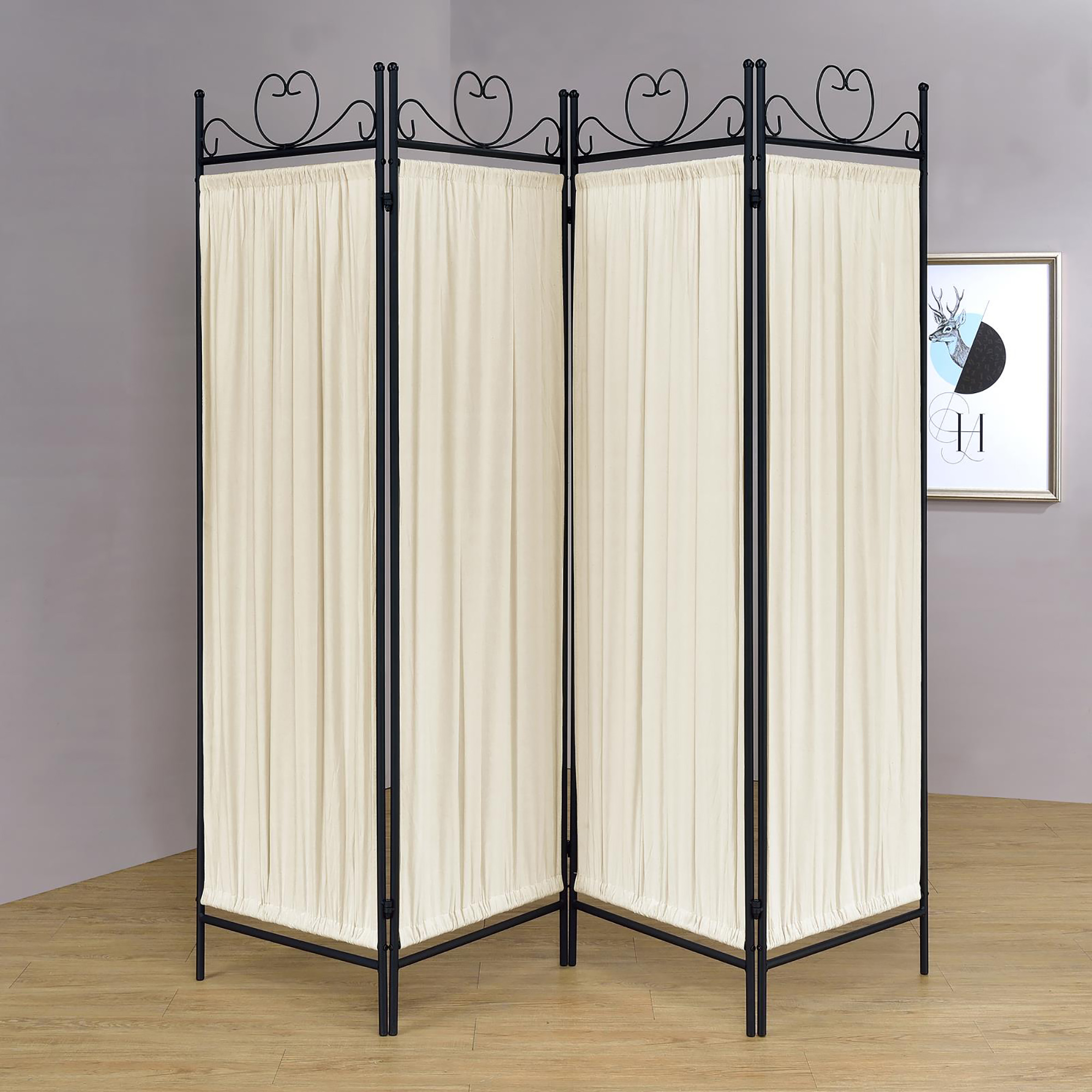 Beige and Black 4-panel Folding Screen