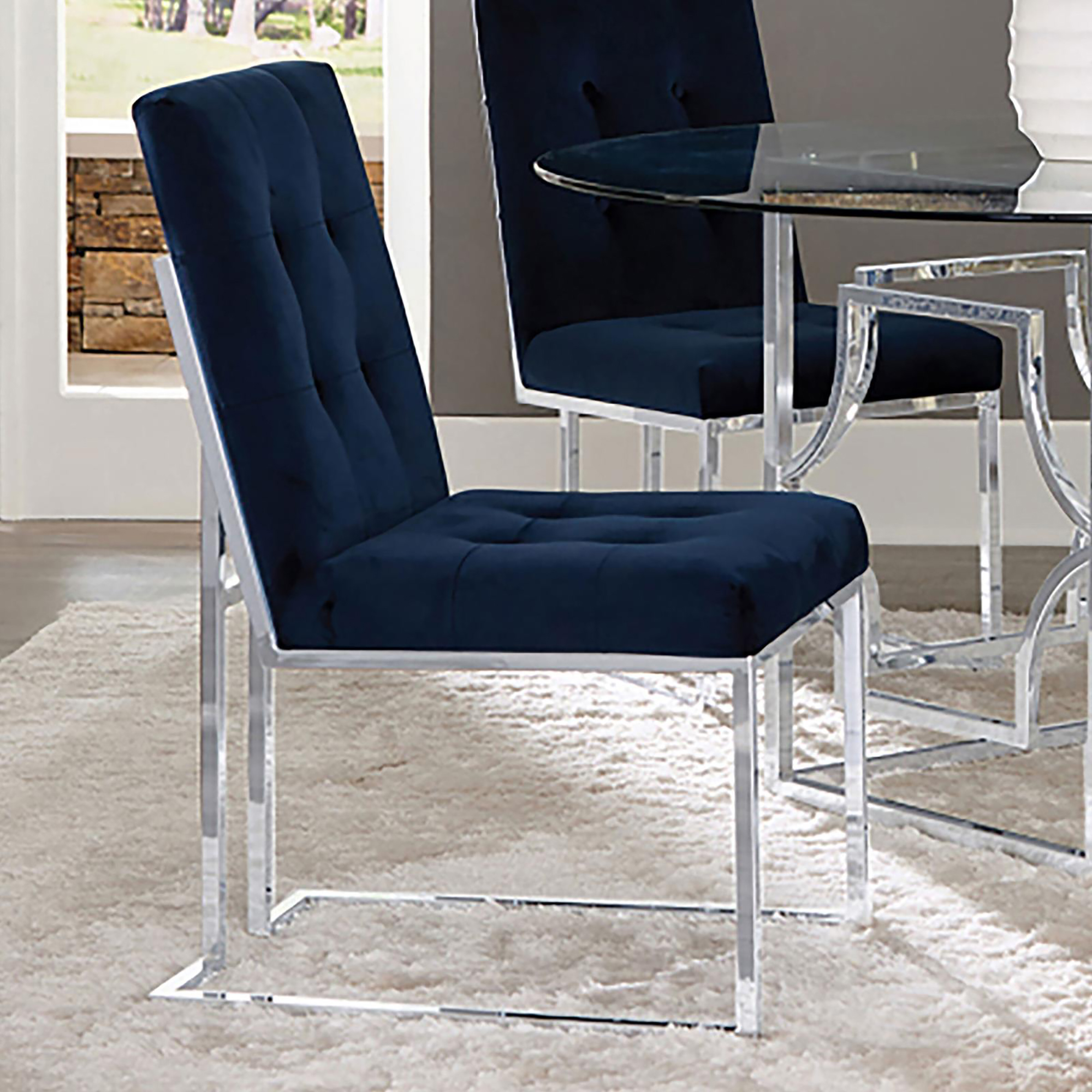 Blue and Chrome Tufted Back Dining Chair (Set of 2)