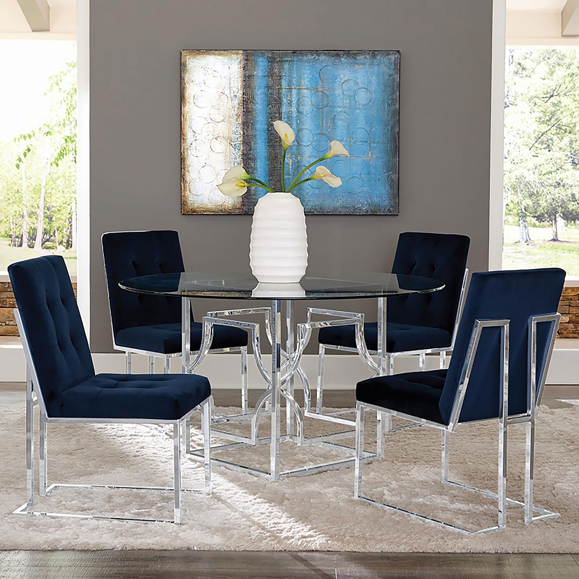 Blue and Chrome Tufted Back Dining Chair (Set of 2)