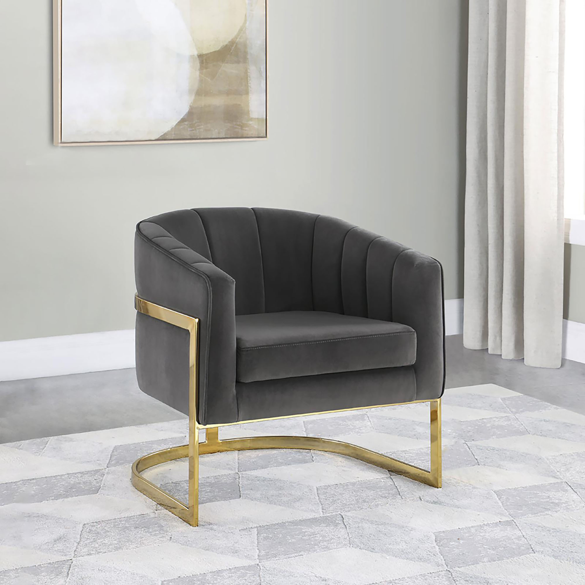 Dark Grey and Gold Tufted Barrel Accent Chair