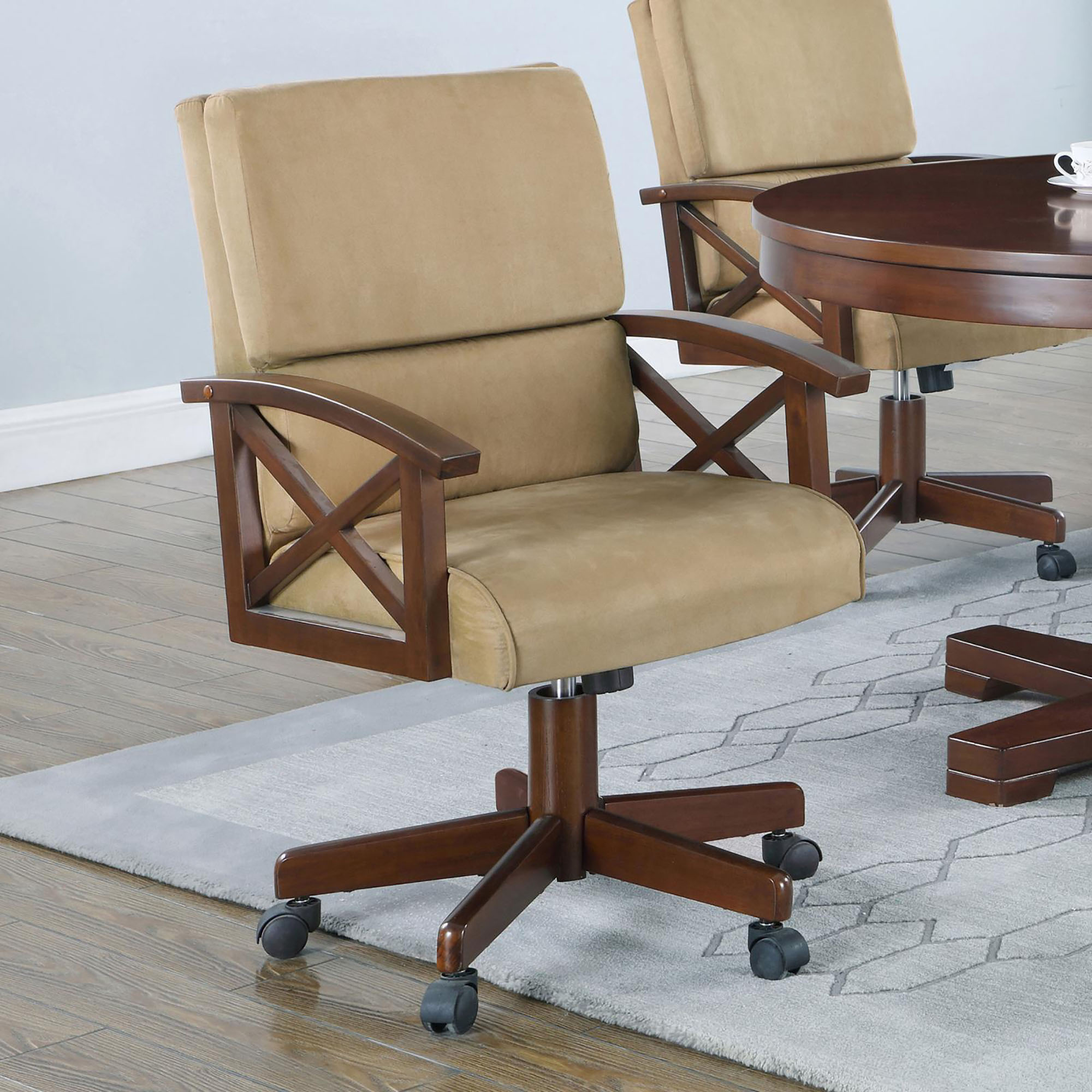 Tan and Tobacco Upholstered Game Chair with Casters