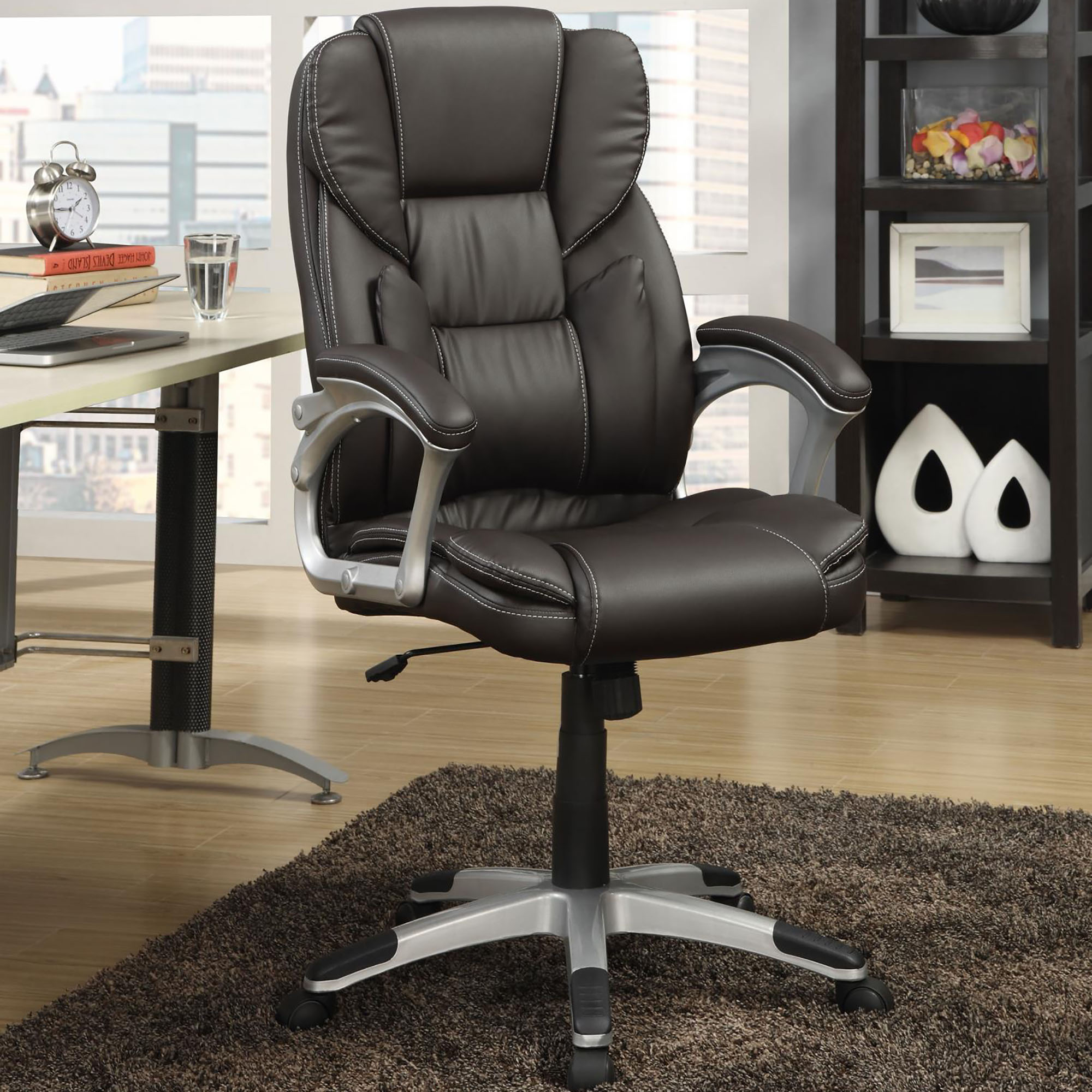 Dark Brown and Silver Swivel Office Chair with Armrest