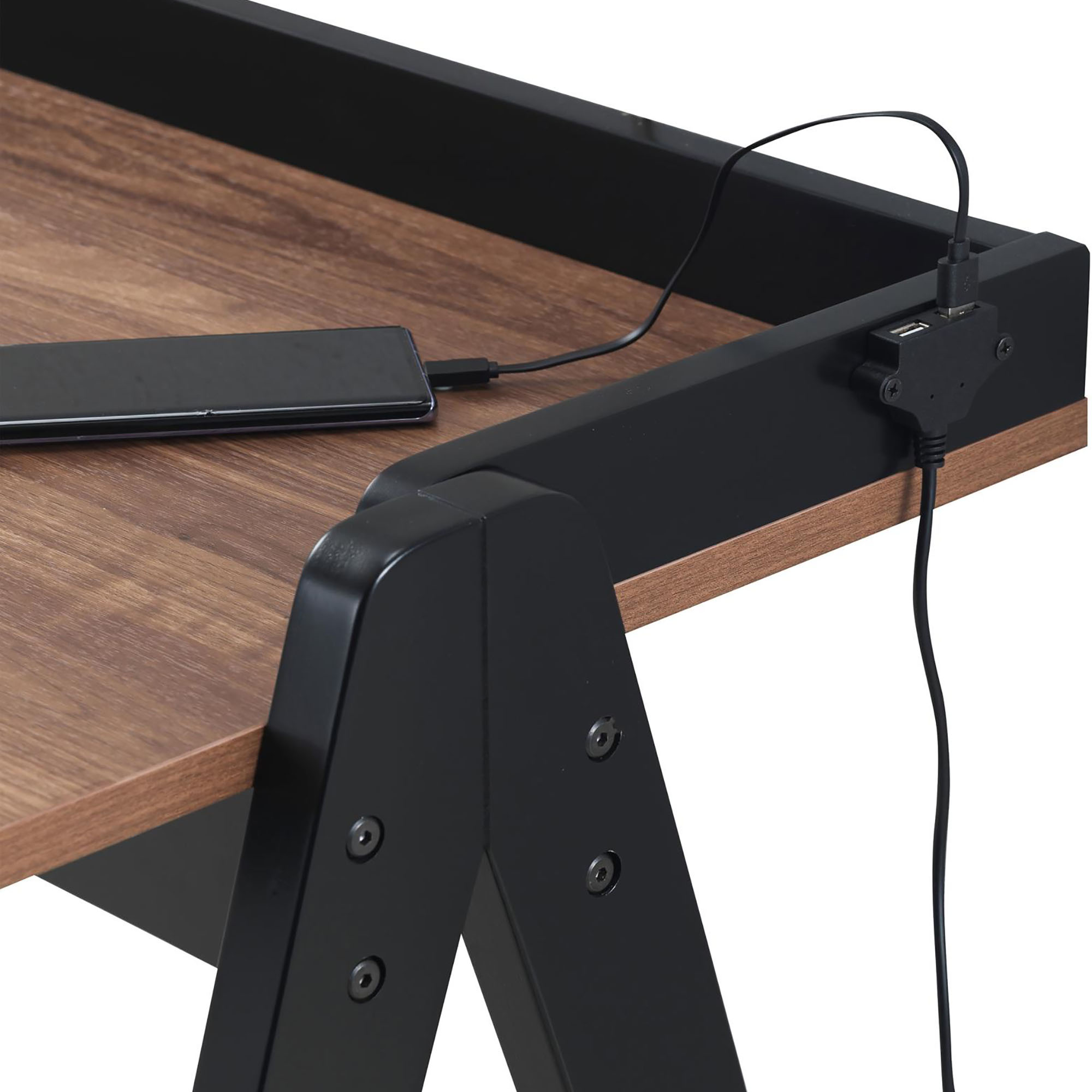 Walnut and Black Writing Desk with USB Ports