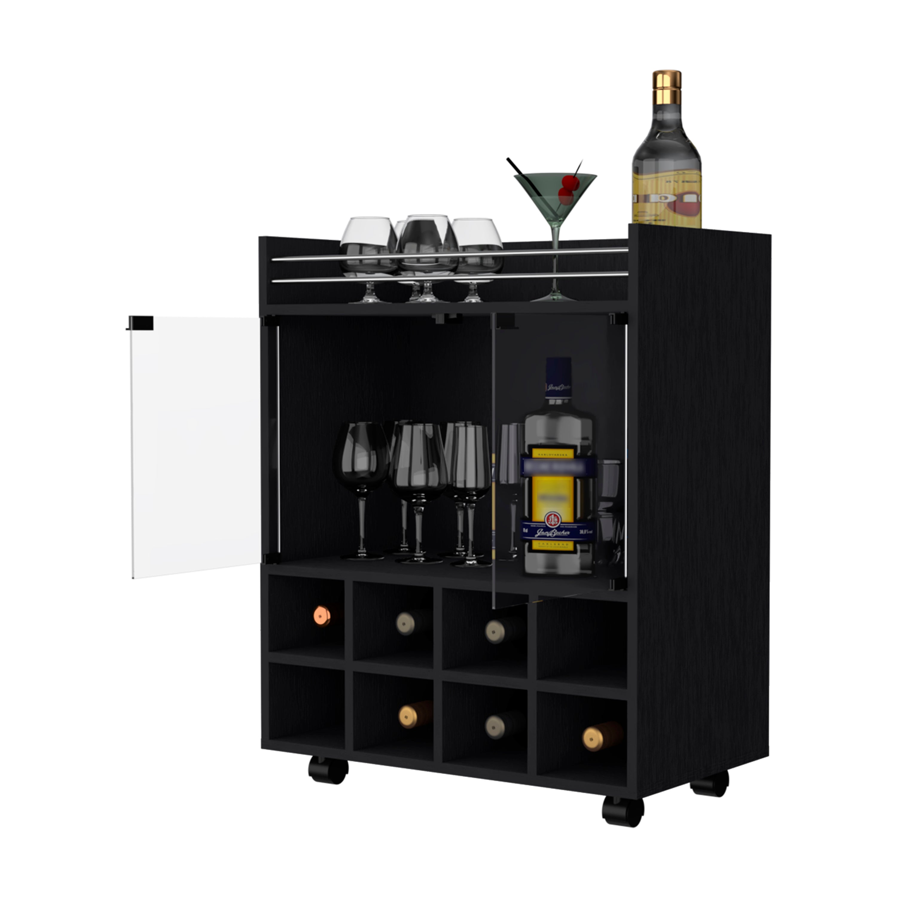 Bradley Black 8-Bottle Rack Bar Cart