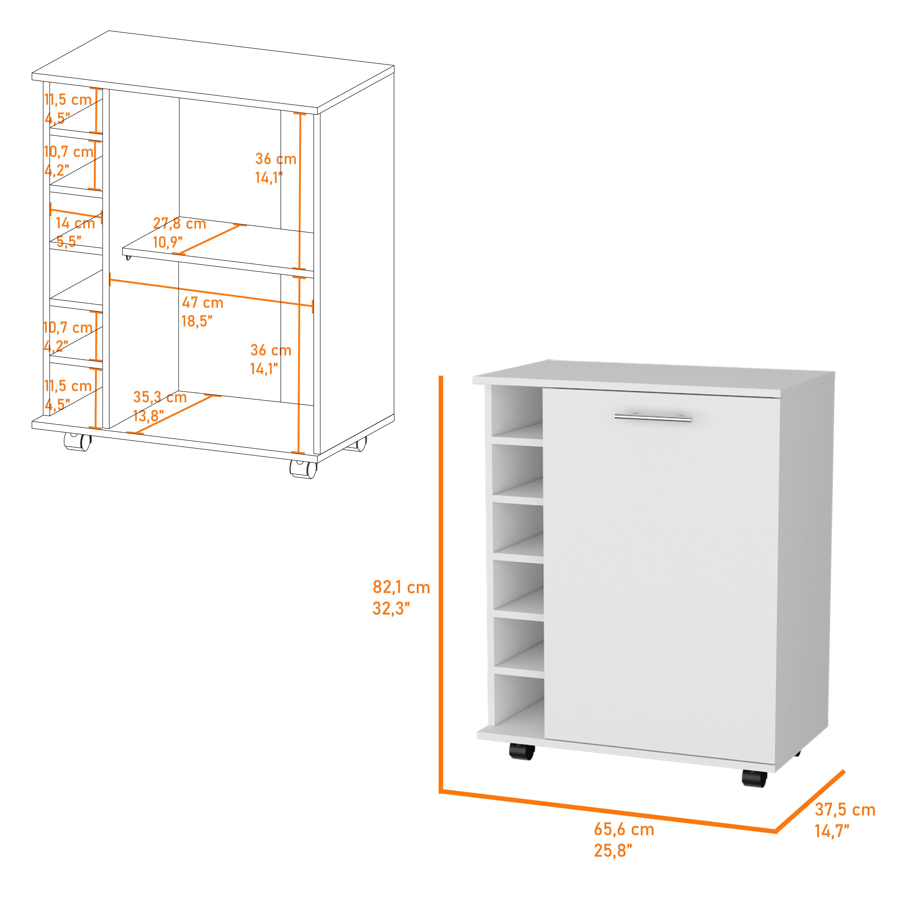 White 6-Bottle Rack Bar Cart