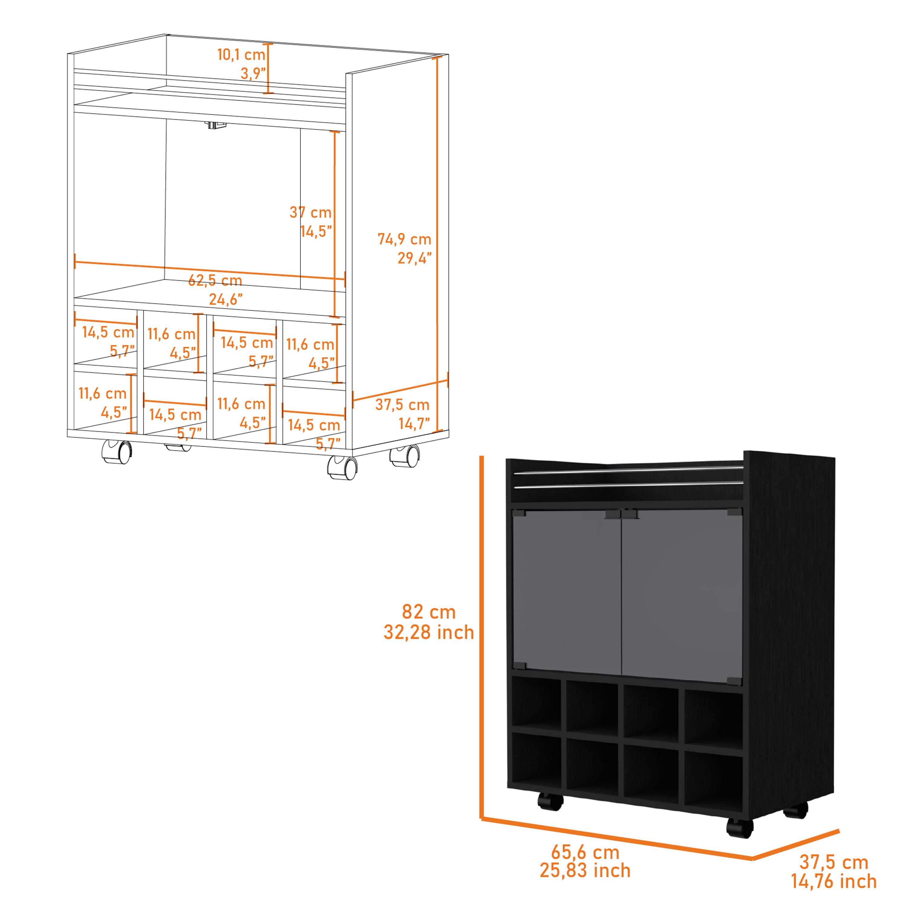 Bradley Black 8-Bottle Rack Bar Cart