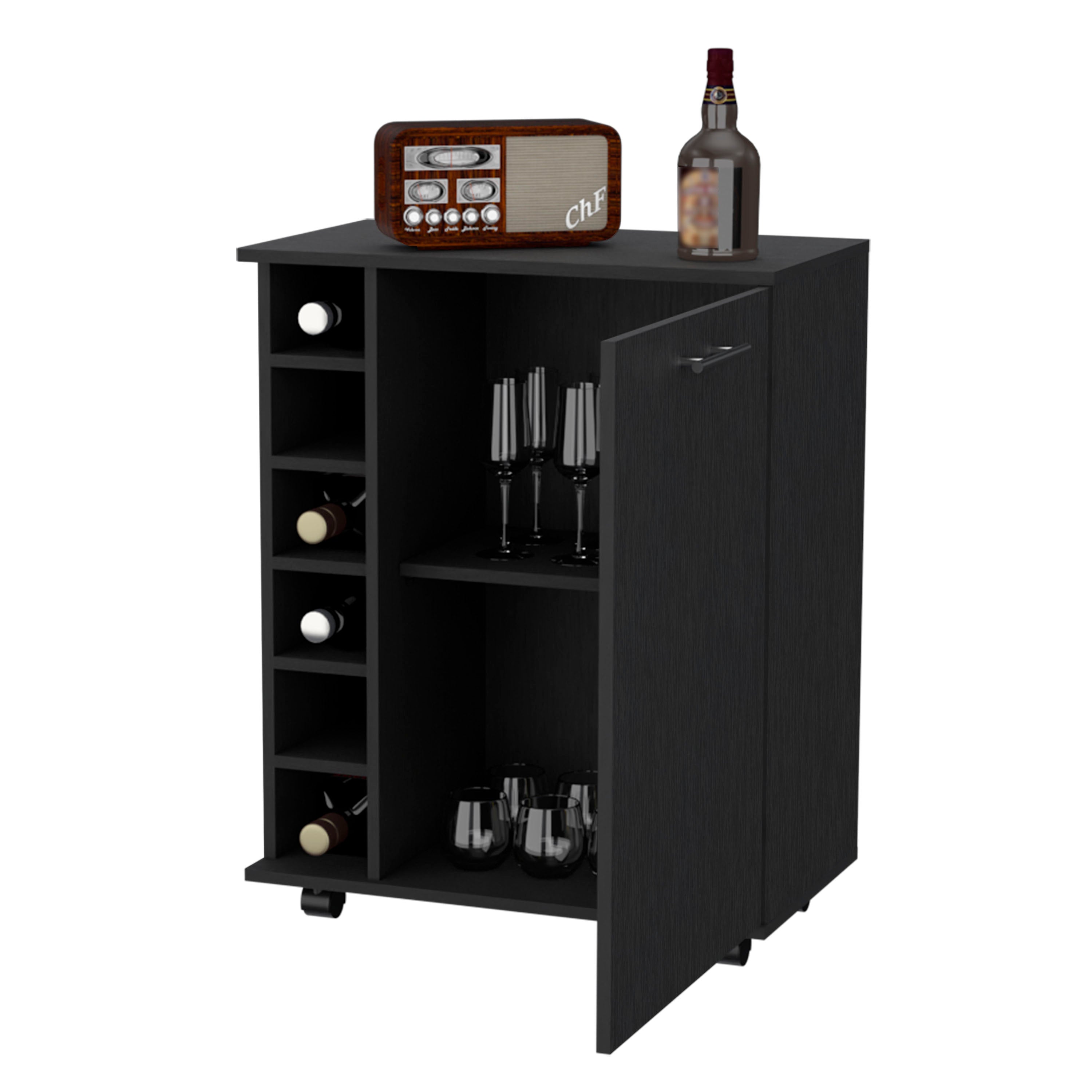 Black 6-Bottle Rack Bar Cart